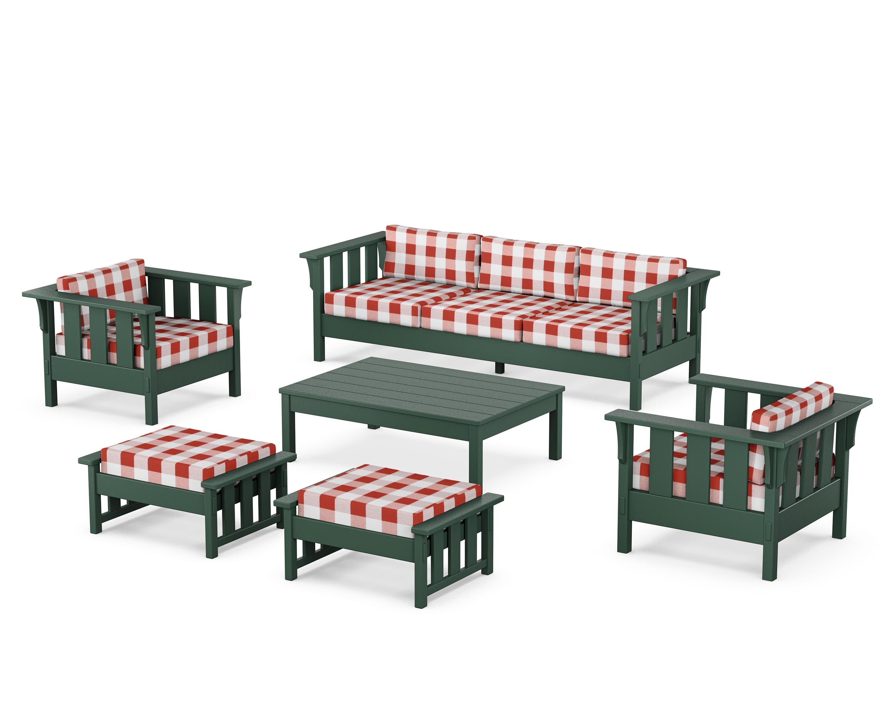 Acadia 6-Piece Lounge Sofa Set in Green / Buffalo Plaid Crimson