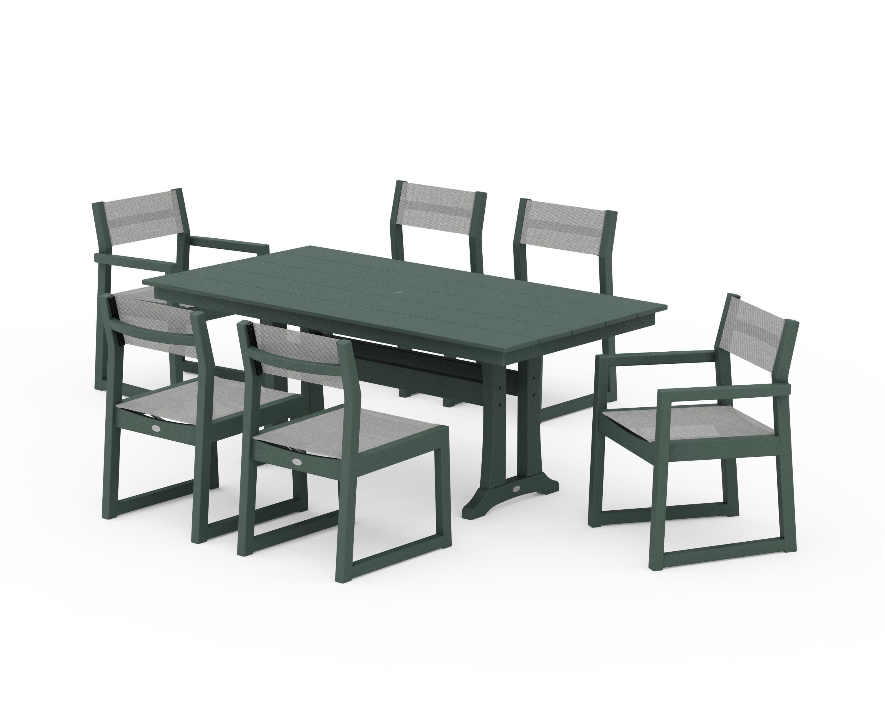 EDGE Sling 7-Piece Farmhouse Trestle Dining Set in Green / Metallic Sling