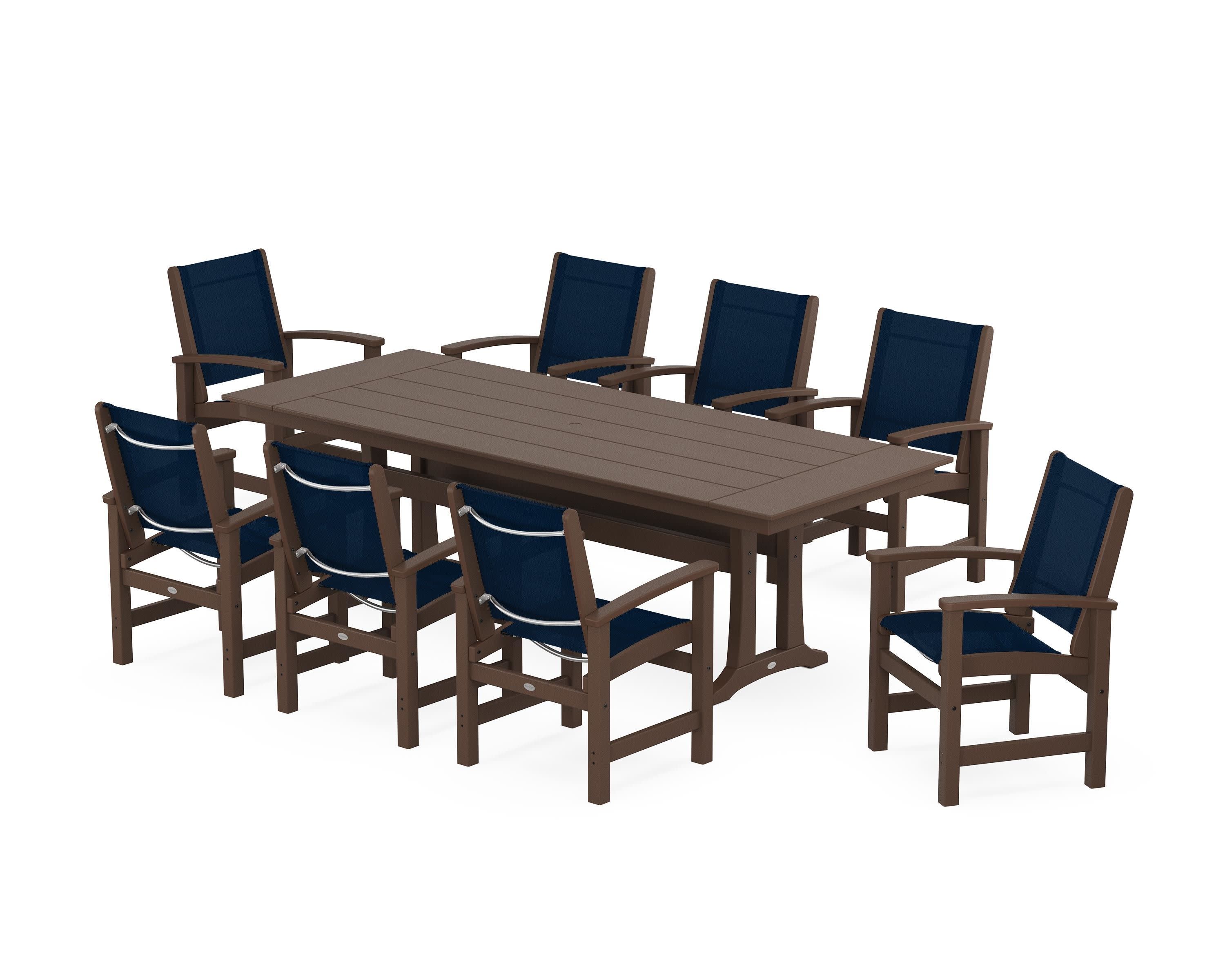 Coastal 9-Piece Farmhouse Dining Set with Trestle Legs in Mahogany / Navy Blue Sling