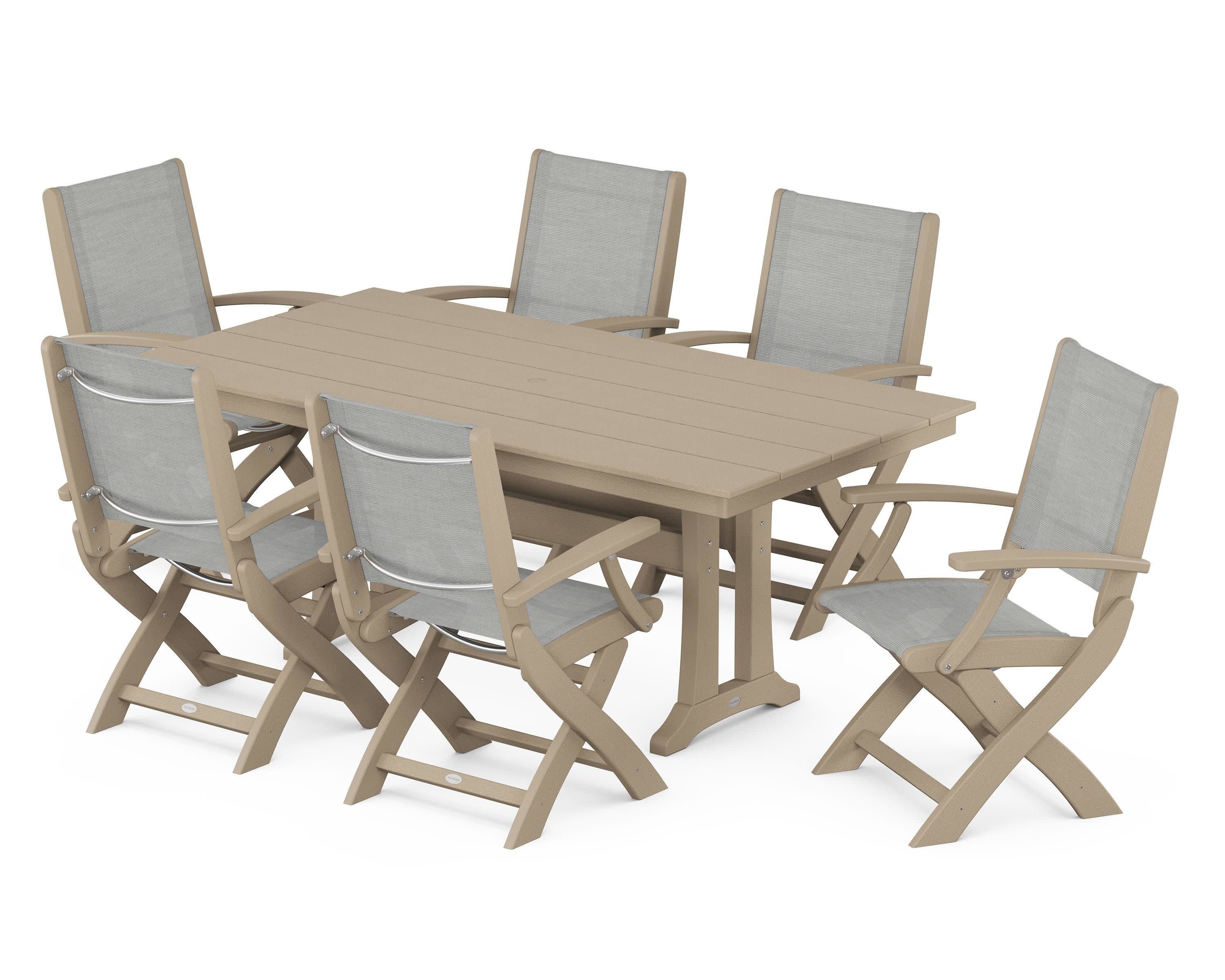 Coastal Folding Arm Chair 7-Piece Farmhouse Dining Set with Trestle Legs in Vintage Sahara / Metallic Sling