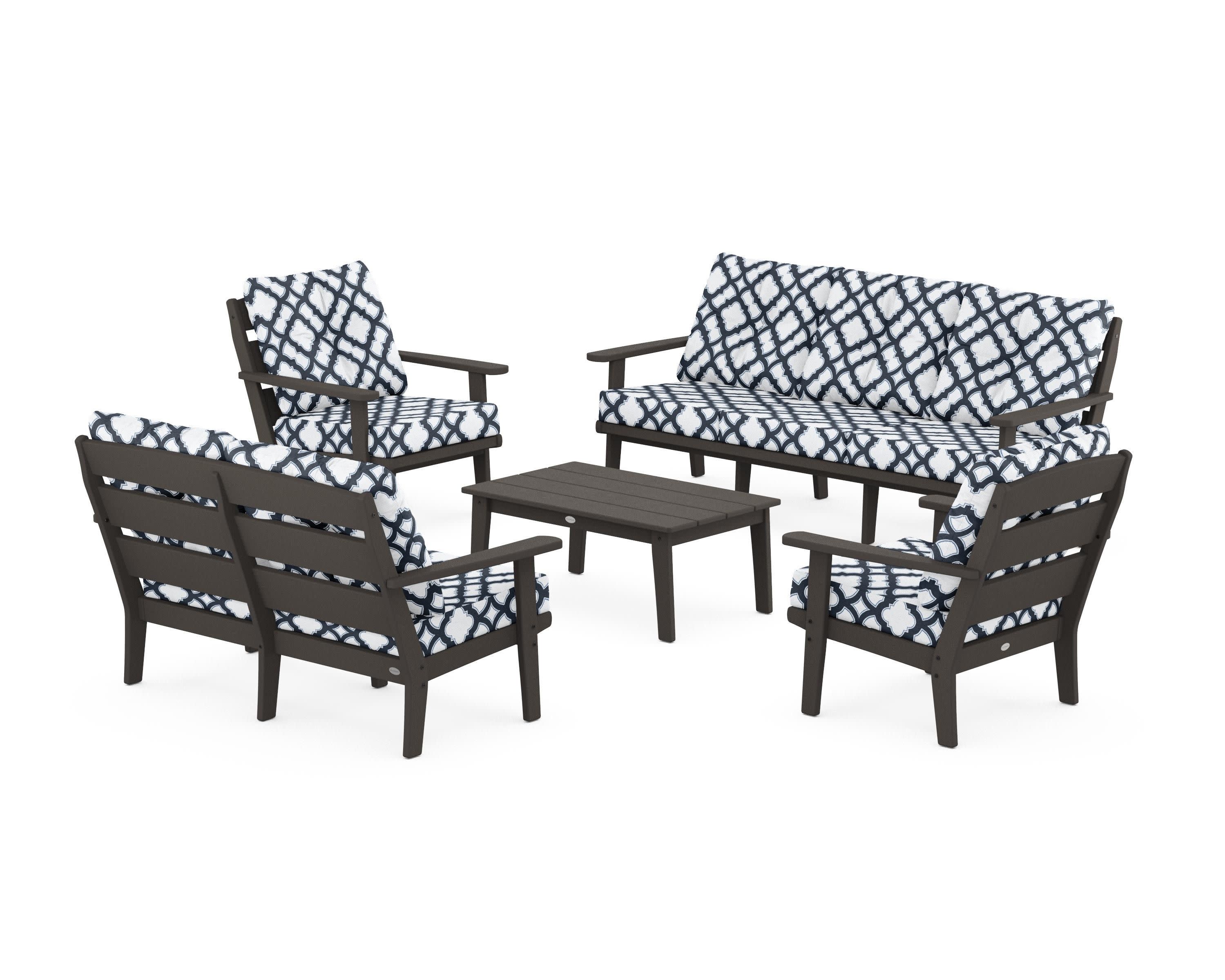 Lakeside 5-Piece Lounge Sofa Set in Vintage Coffee / Trellis Marine Indigo