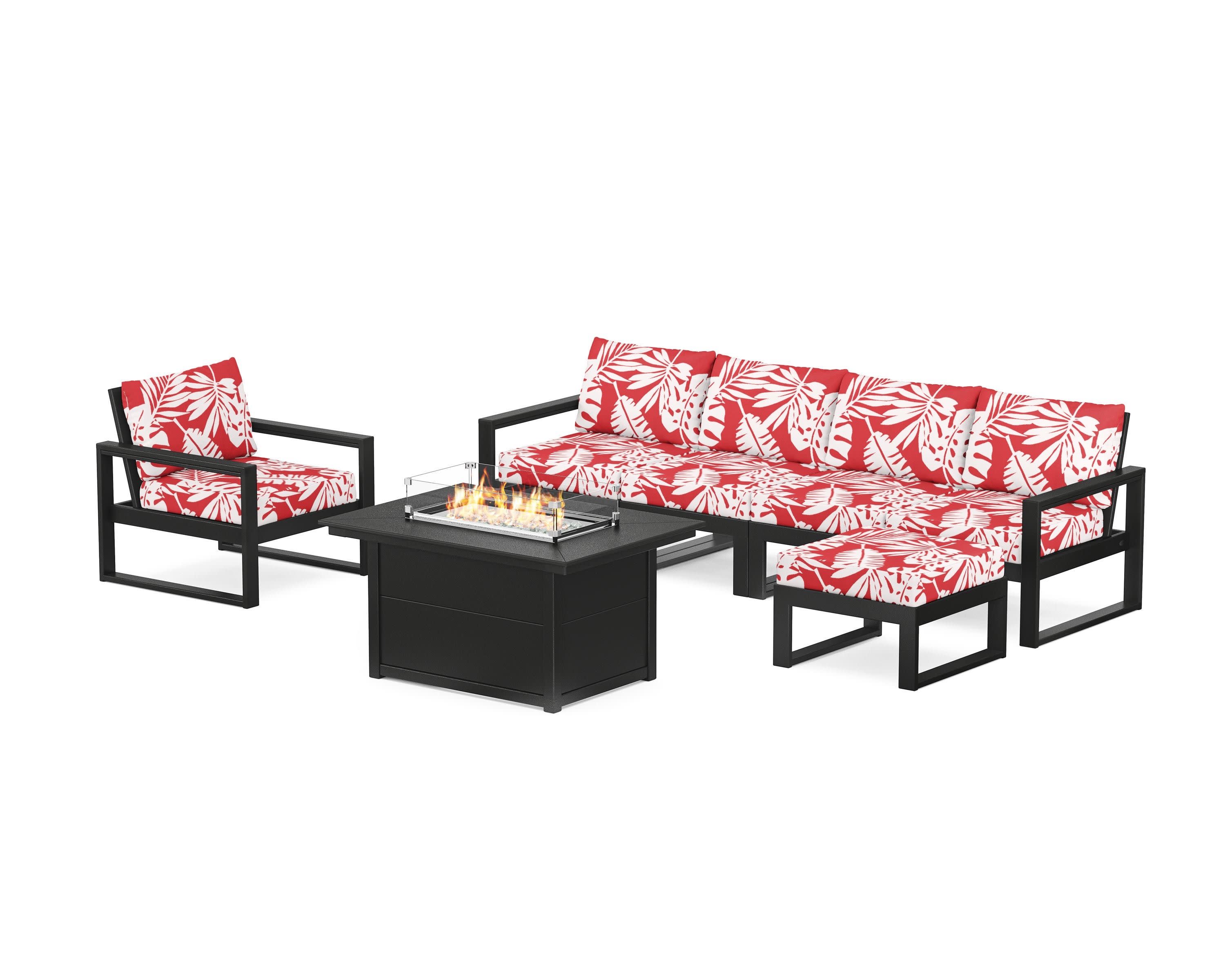 EDGE Sectional Lounge and Fire Pit Set in Black / Leaf Crimson