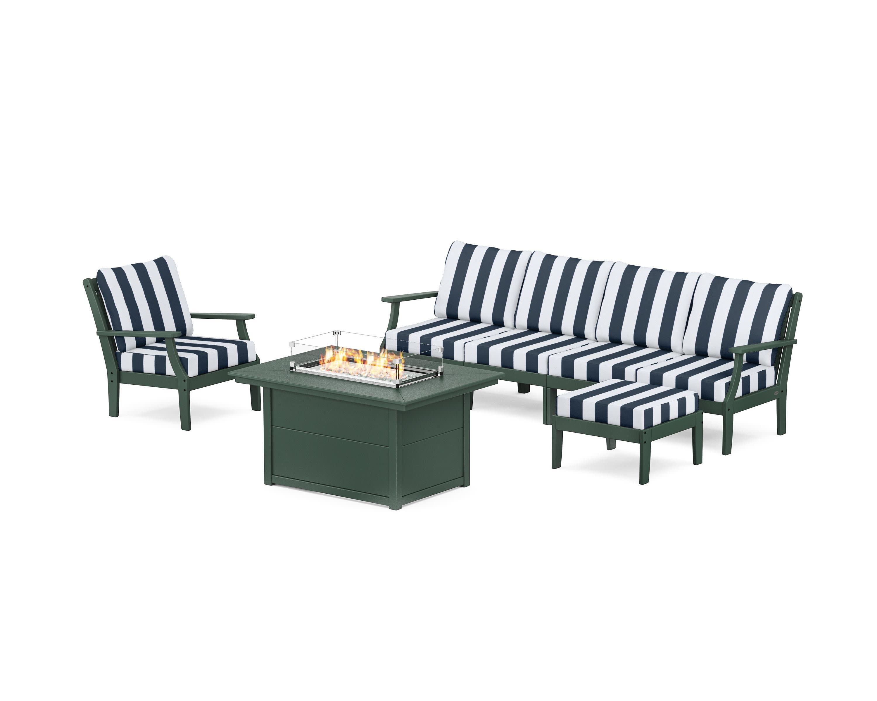 Braxton Sectional Lounge and Fire Pit Set in Green / Cabana Stripe Marine Indigo