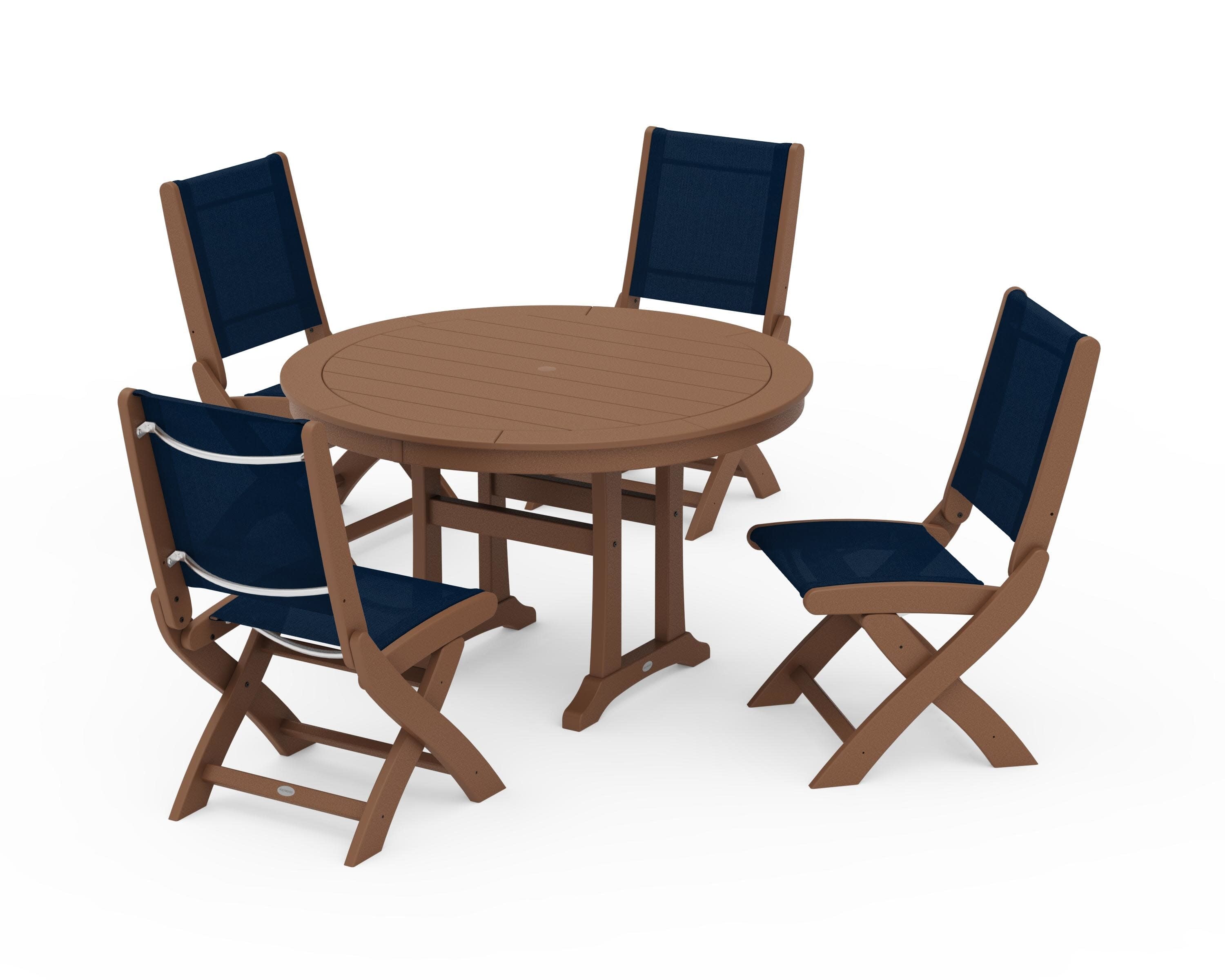 Coastal Folding Side Chair 5-Piece Round Dining Set With Trestle Legs in Teak / Navy Blue Sling