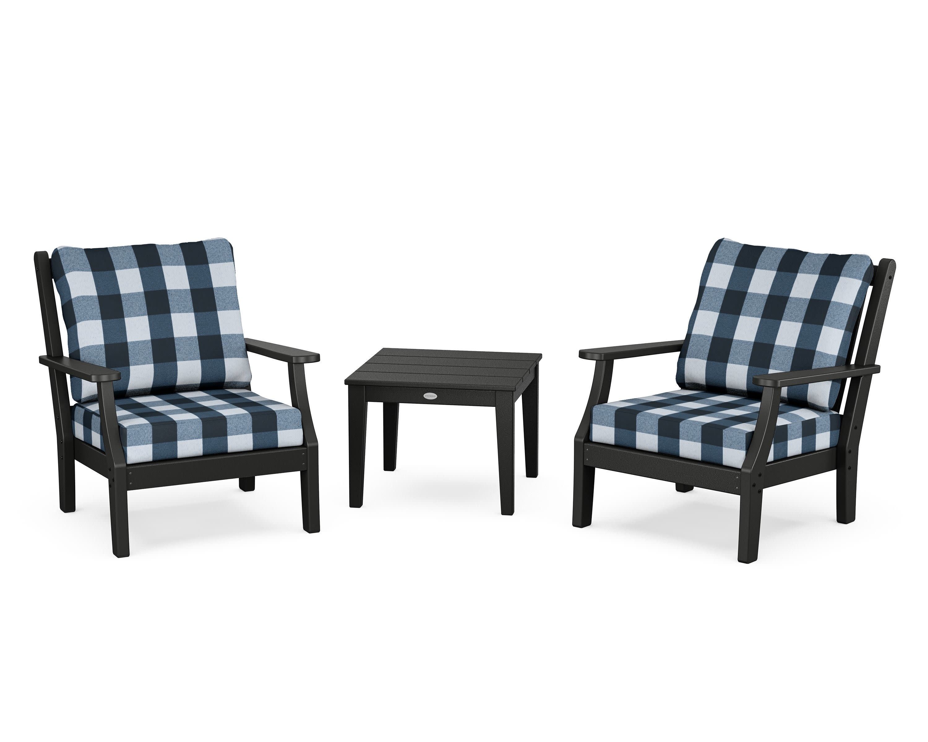 Wovendale 3-Piece Deep Seating Set in Black / Buffalo Plaid Marine Indigo