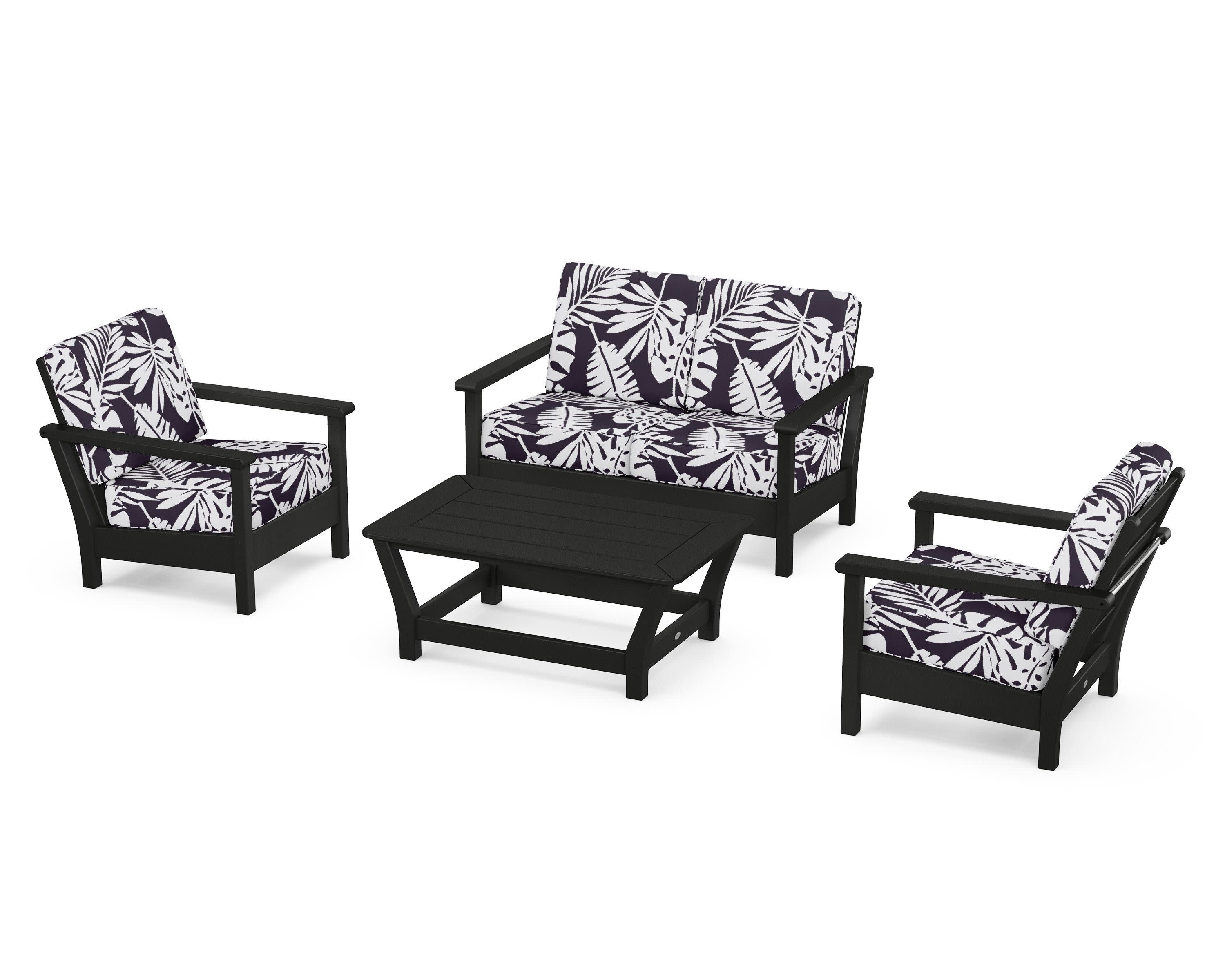 Harbour 4-Piece Deep Seating Set in Black / Leaf Navy