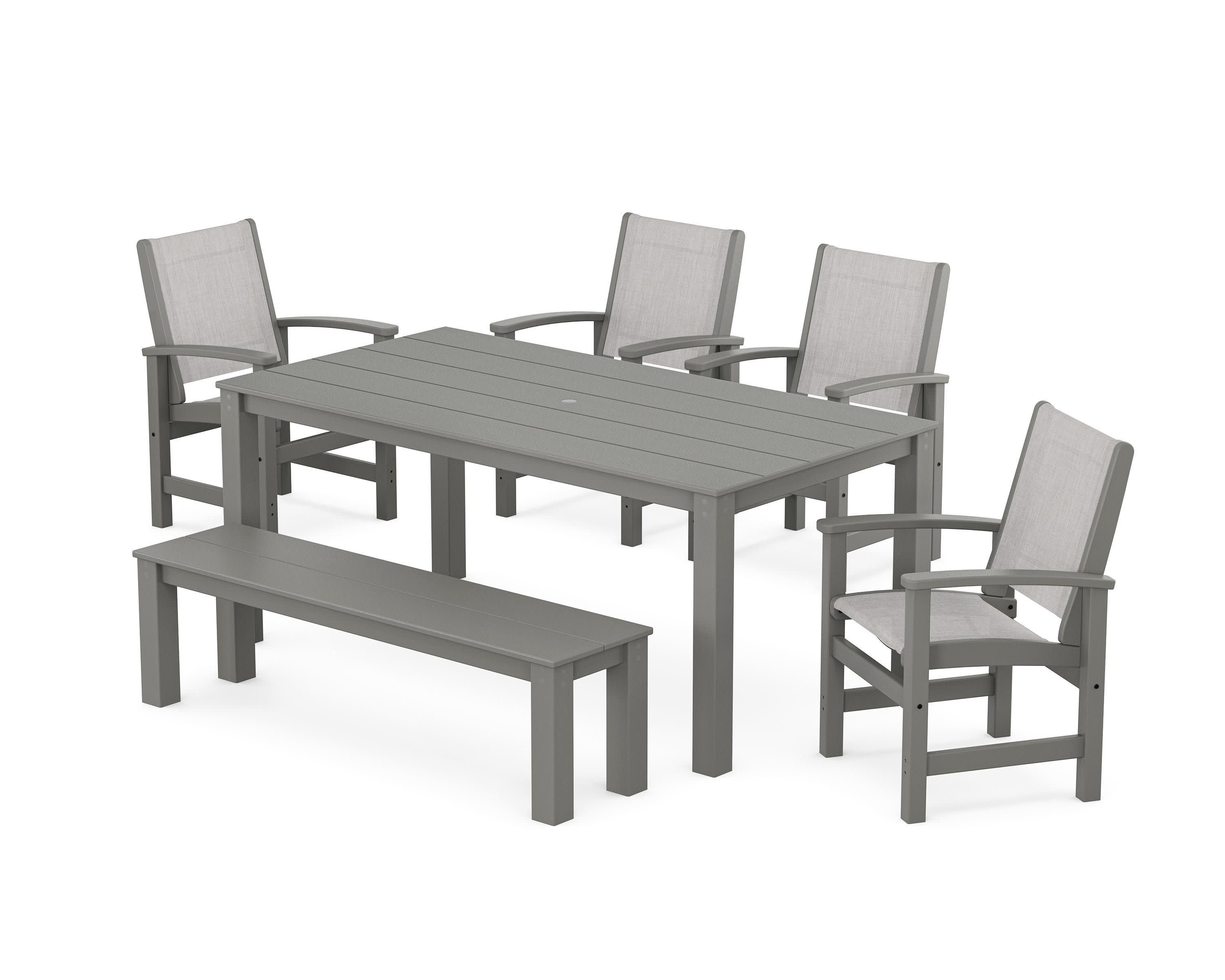 Coastal 6-Piece Parsons Dining Set with Bench in Sand / Dupioni Apricot Sling