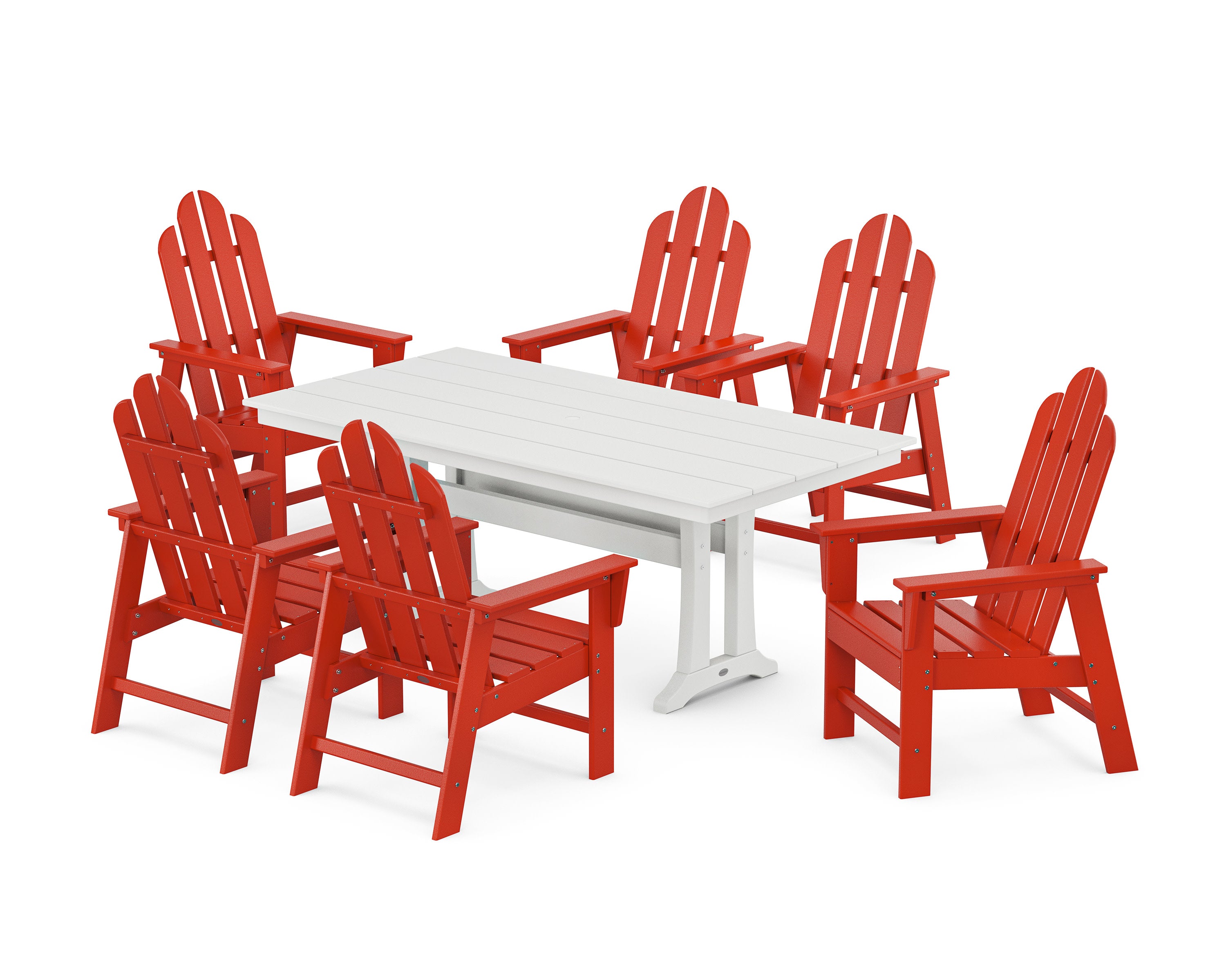 Long Island 7-Piece Farmhouse Dining Set with Trestle Legs in Sunset Red / White