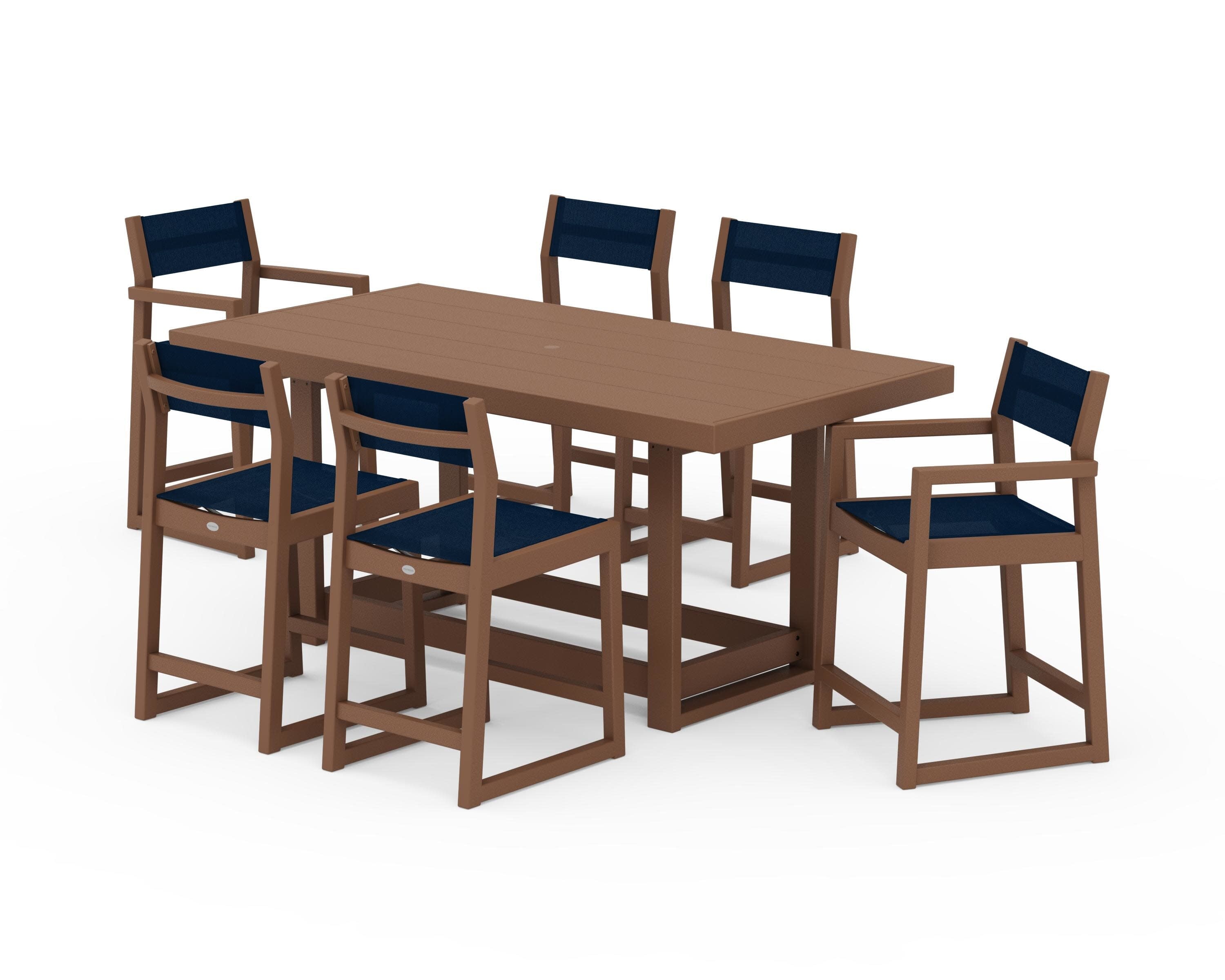 EDGE Sling 7-Piece Counter Table Set in Teak / Navy Blue Sling