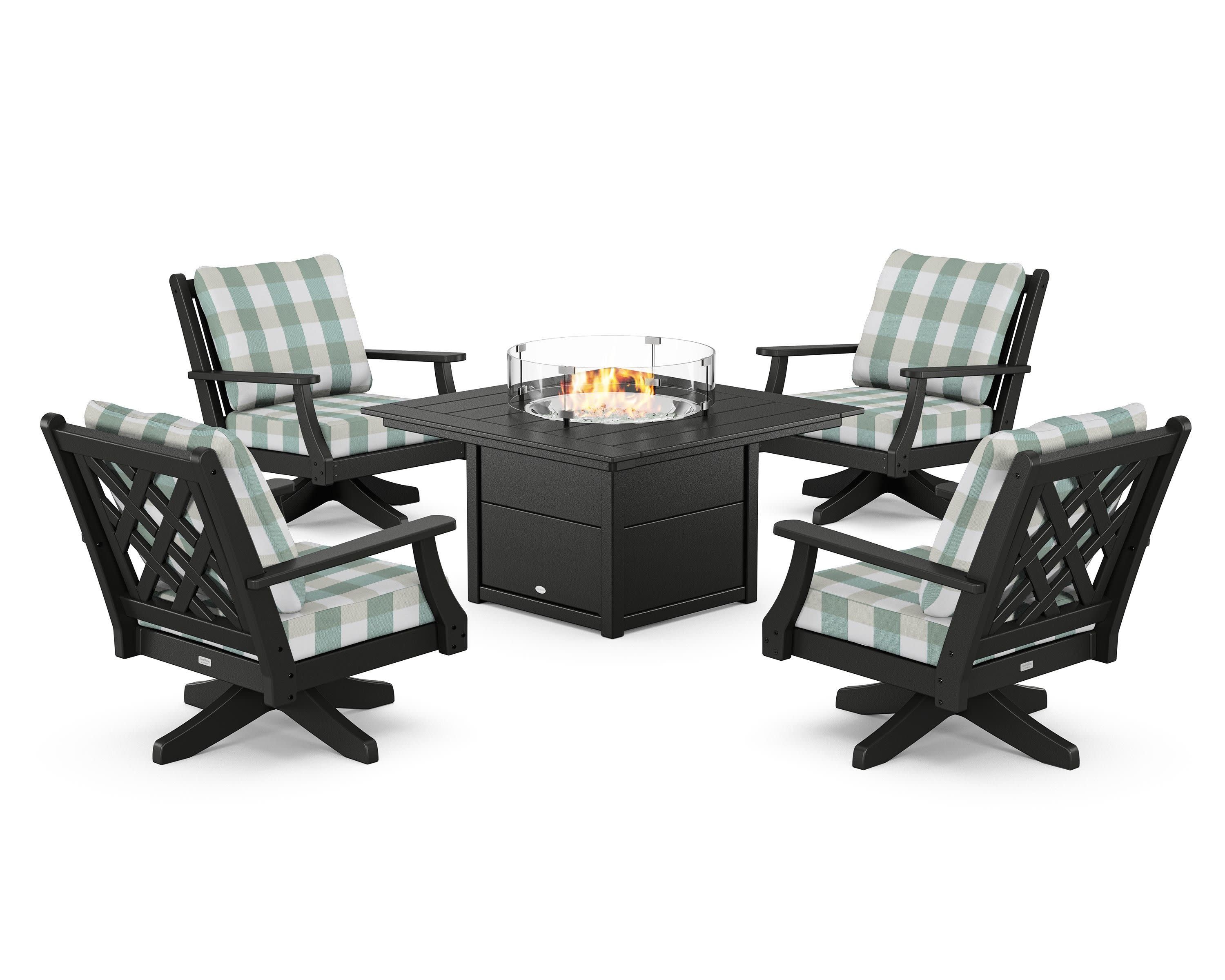 Wovendale 5-Piece Deep Seating Swivel Conversation Set with Fire Pit Table in Black / Buffalo Plaid Glacier Spa