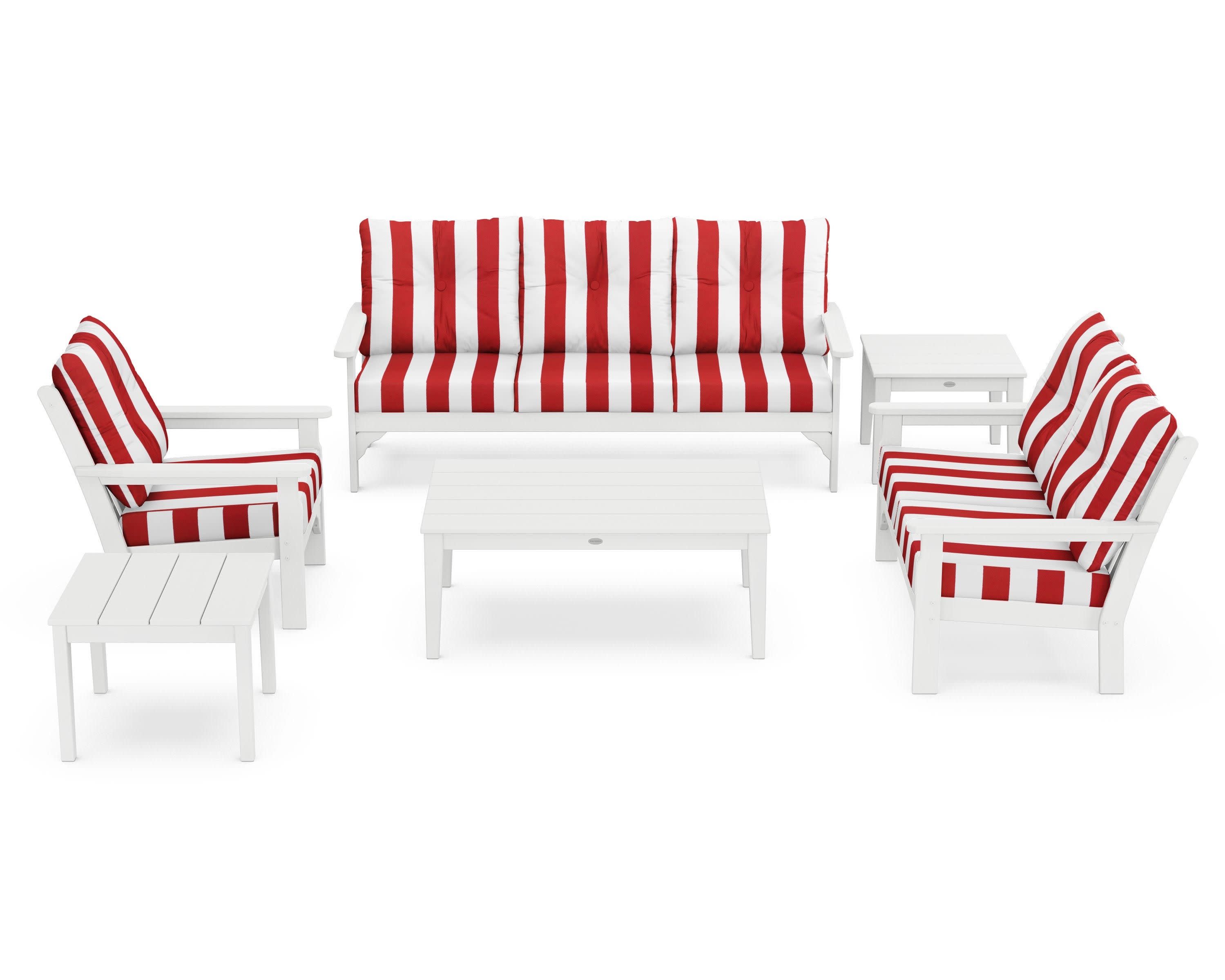 Vineyard 6-Piece Deep Seating Set in White / Cabana Stripe Crimson