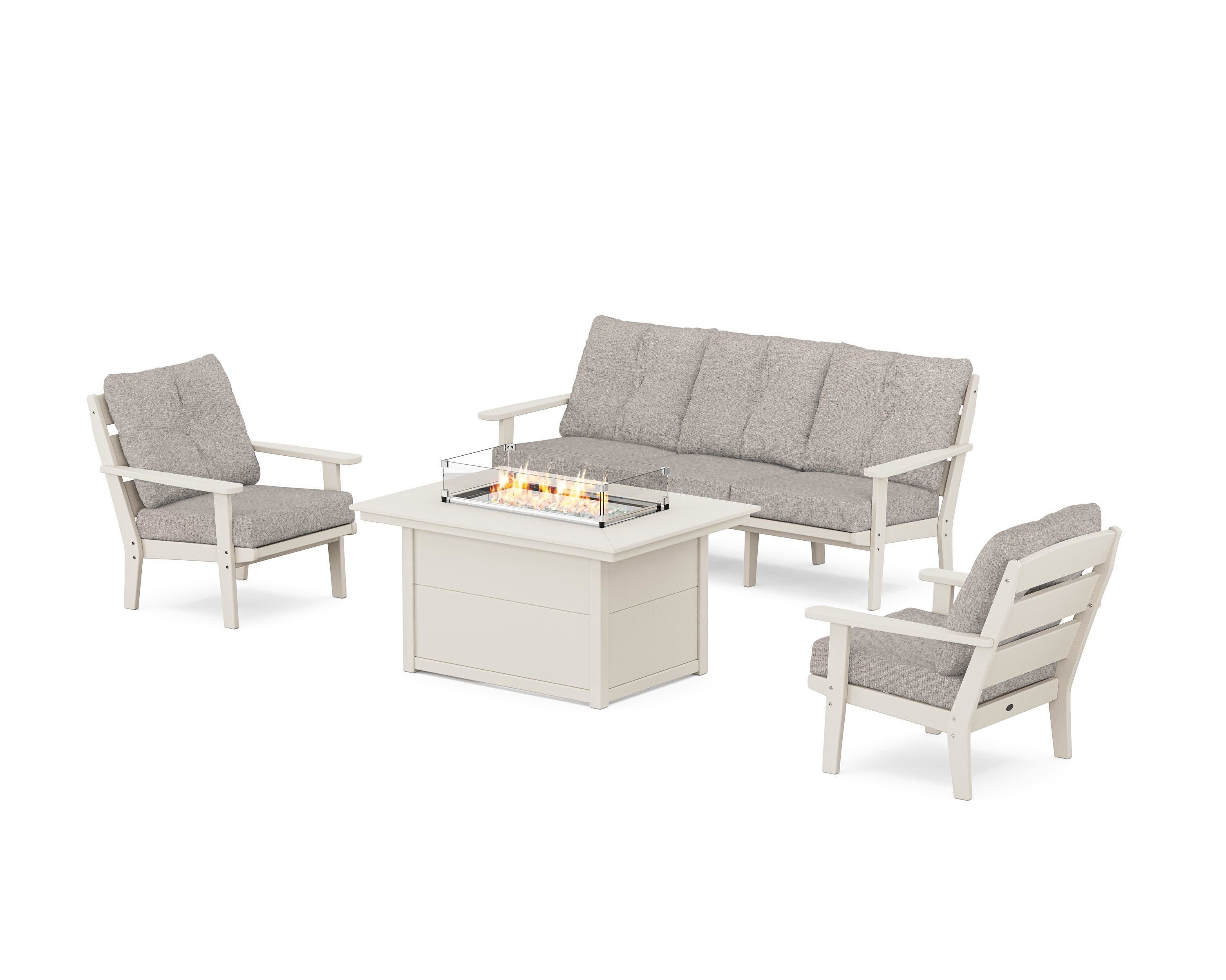 Lakeside Deep Seating Fire Pit Table Set in Sand / Weathered Tweed