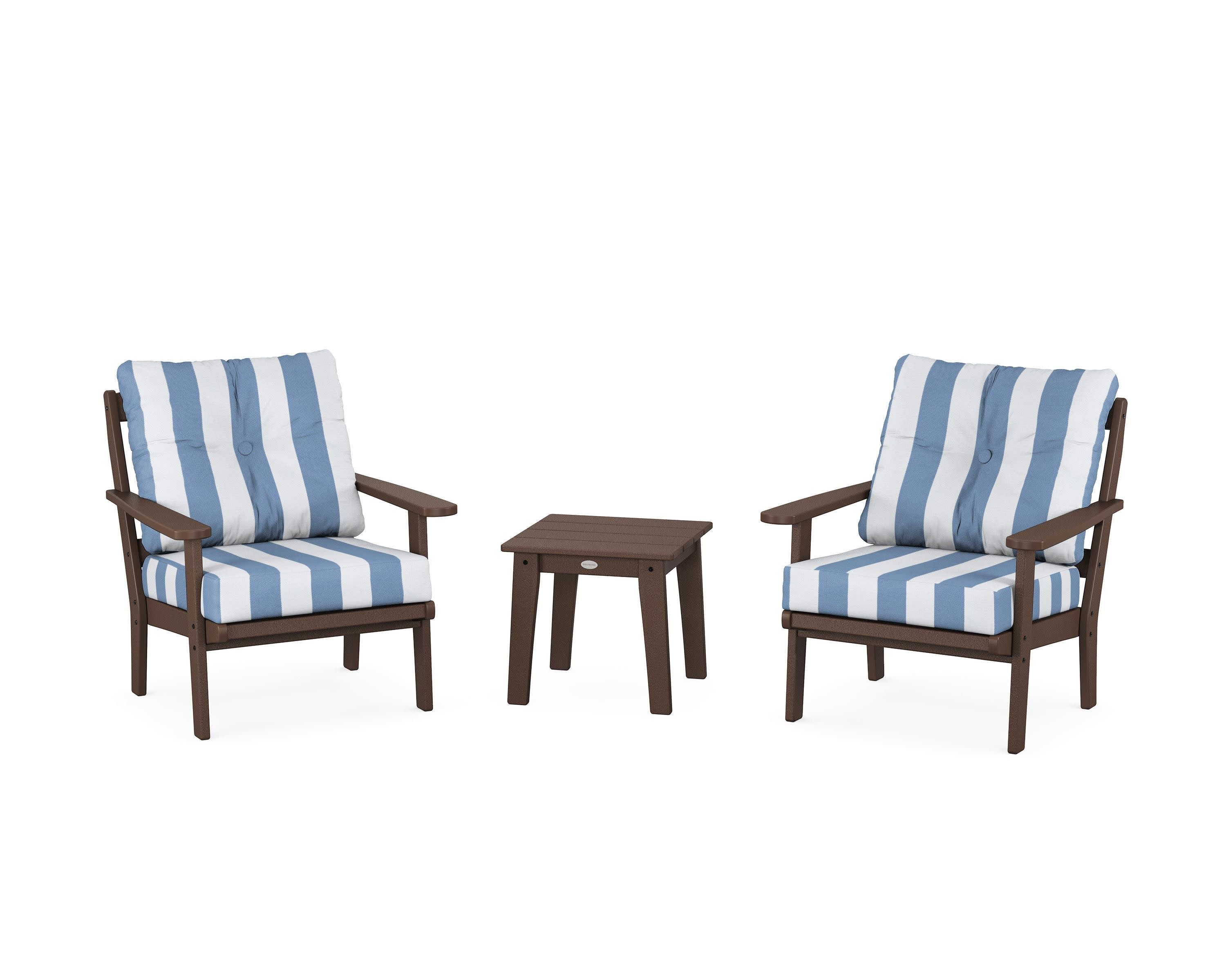 Mission 3-Piece Deep Seating Set in Mahogany / Cabana Stripe Sky Blue