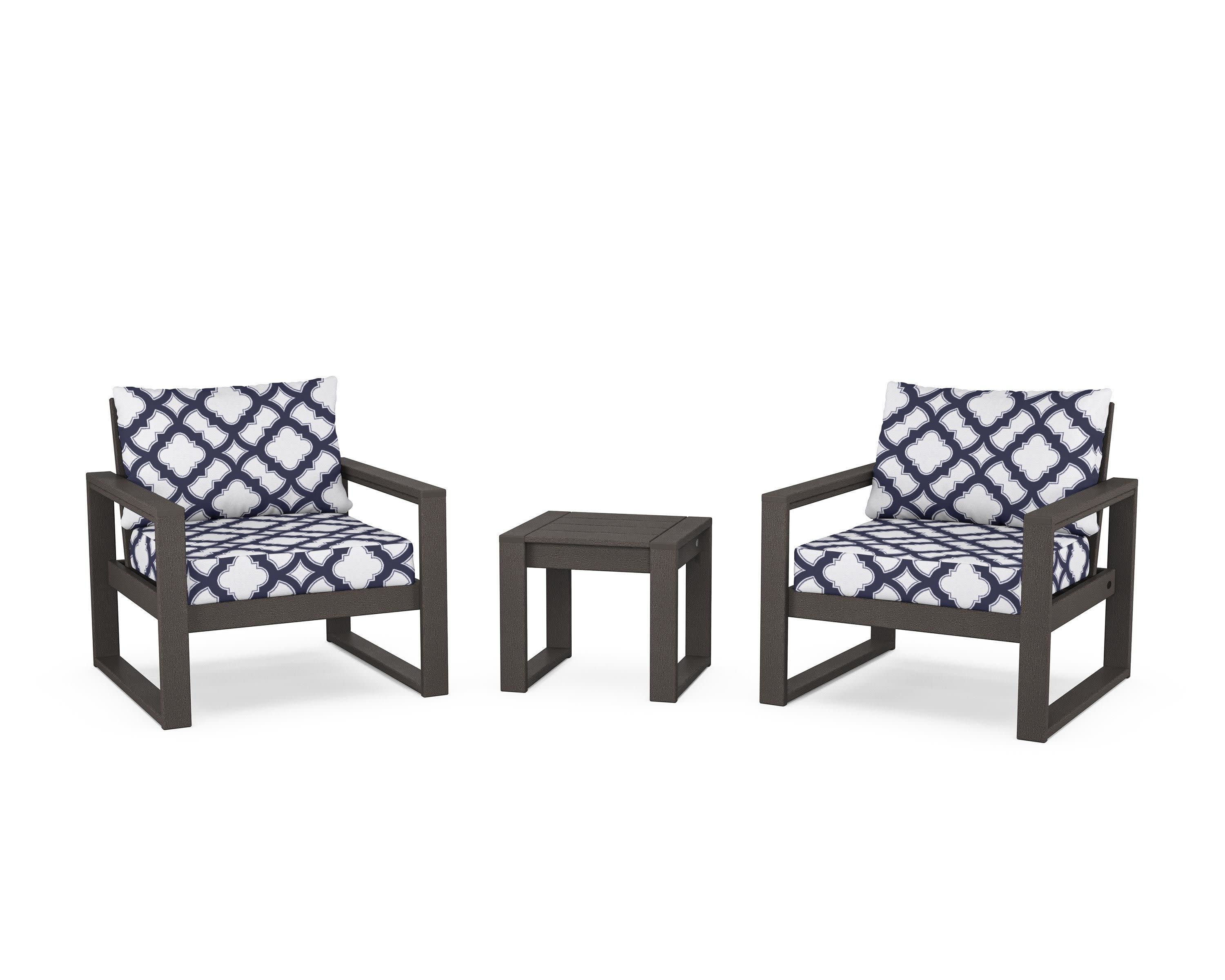 EDGE Sectional 3-Piece Deep Seating Set in Vintage Coffee / Trellis Navy