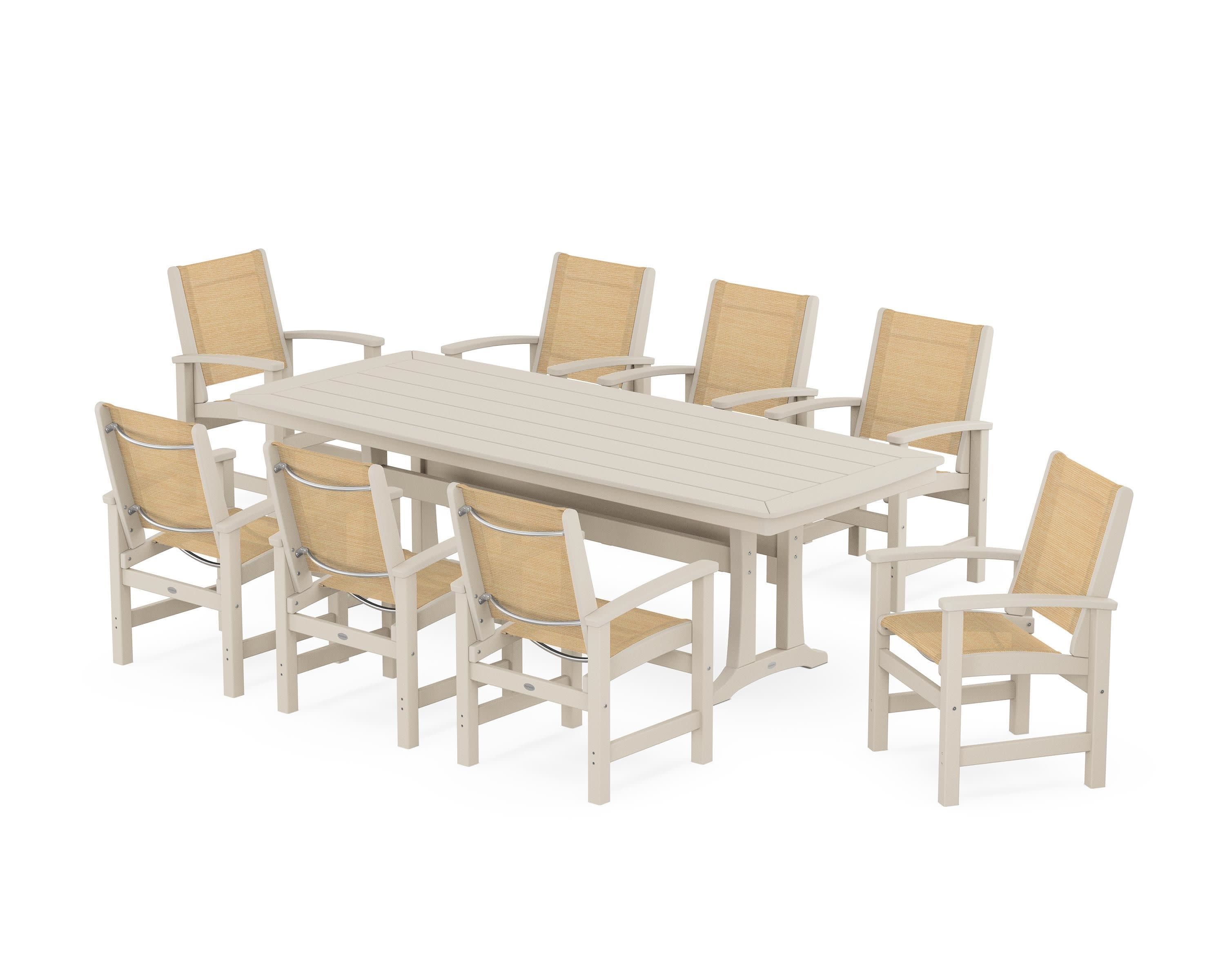 Coastal 9-Piece Dining Set with Trestle Legs in Sand / Dupioni Apricot Sling