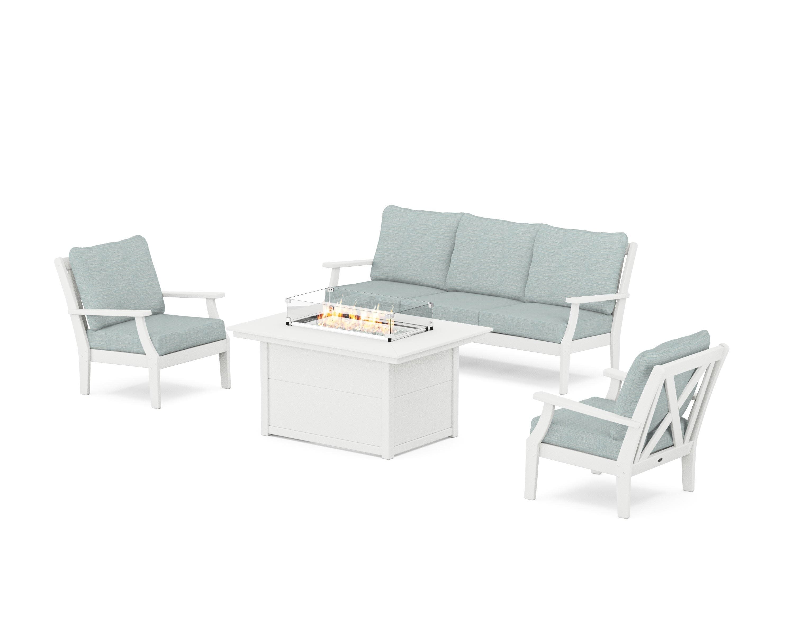 Braxton Deep Seating Fire Pit Table Set in Vintage White / Soothe Mist
