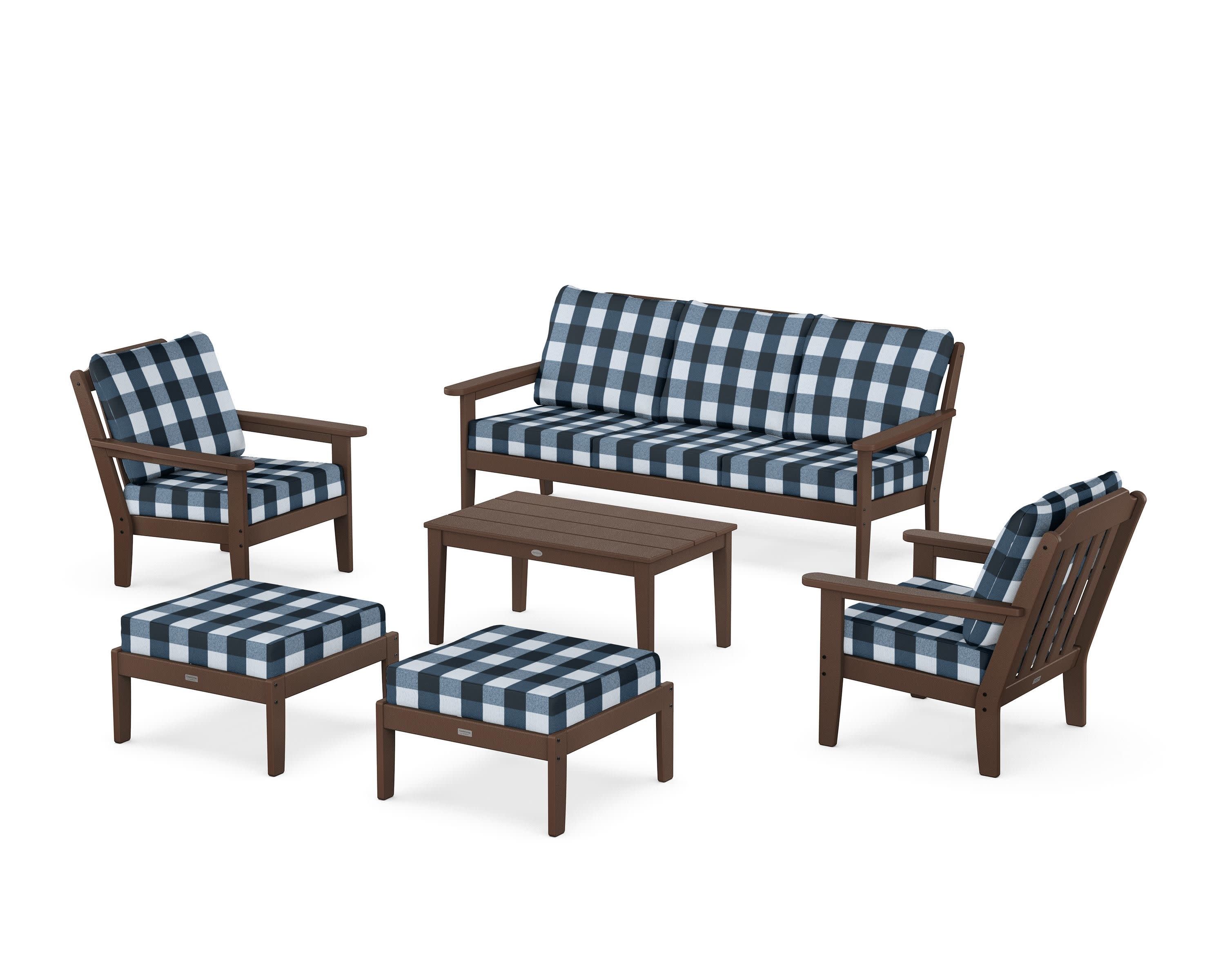 Cottage 6-Piece Lounge Sofa Set in Mahogany / Buffalo Plaid Marine Indigo