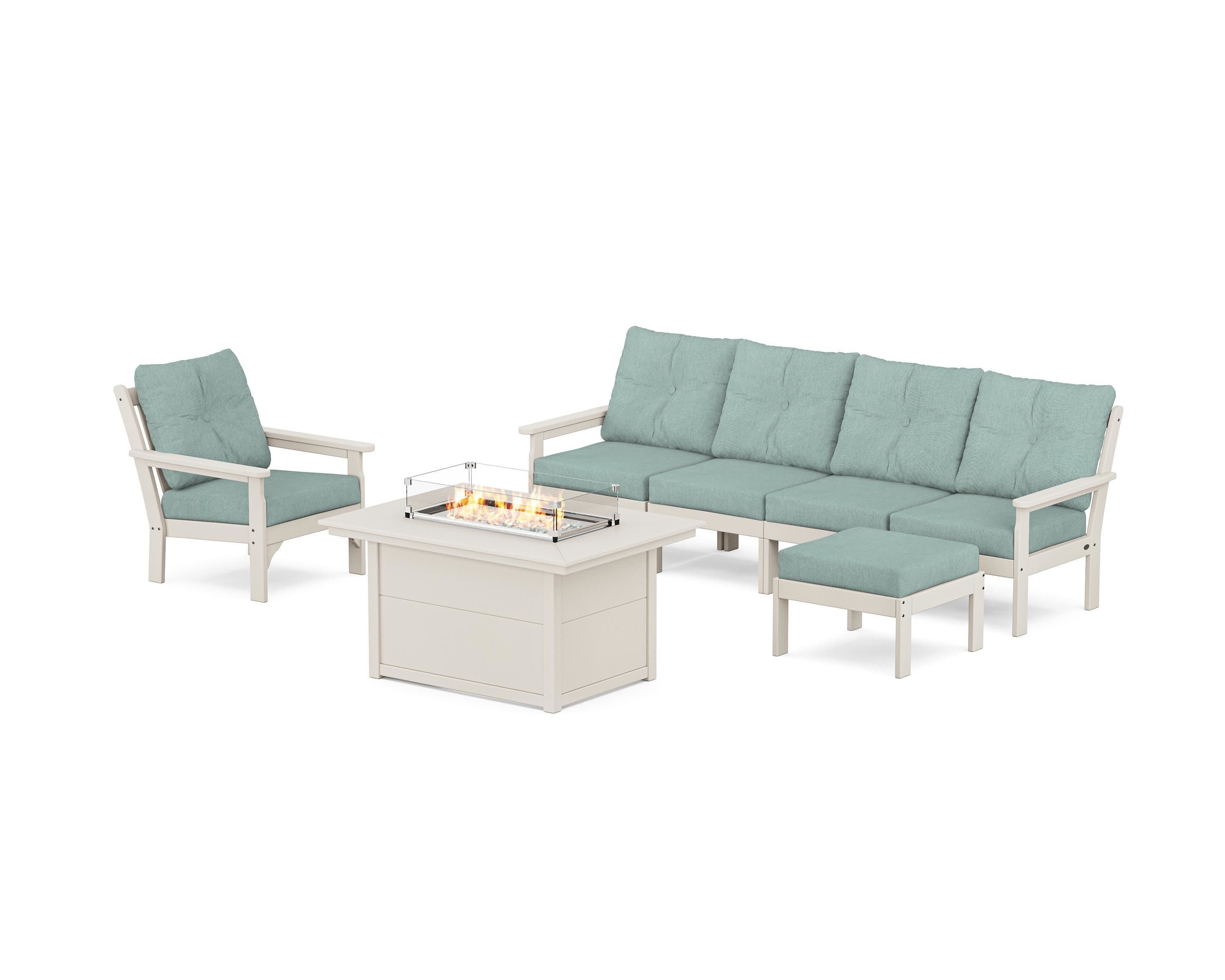 Vineyard Sectional Lounge and Fire Pit Set in Sand / Glacier Spa