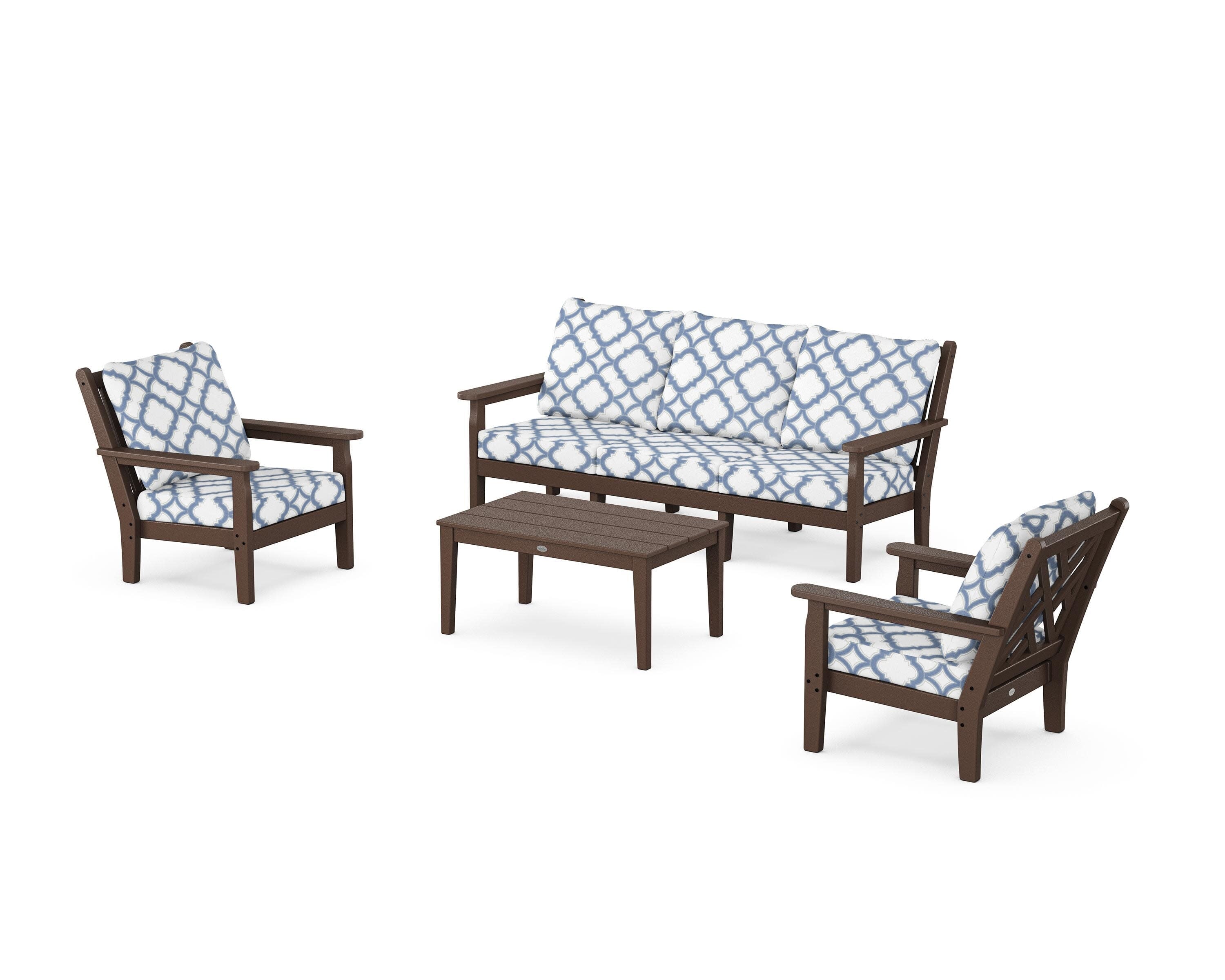 Chippendale 4-Piece Deep Seating Set with Sofa in Mahogany / Trellis Sky Blue