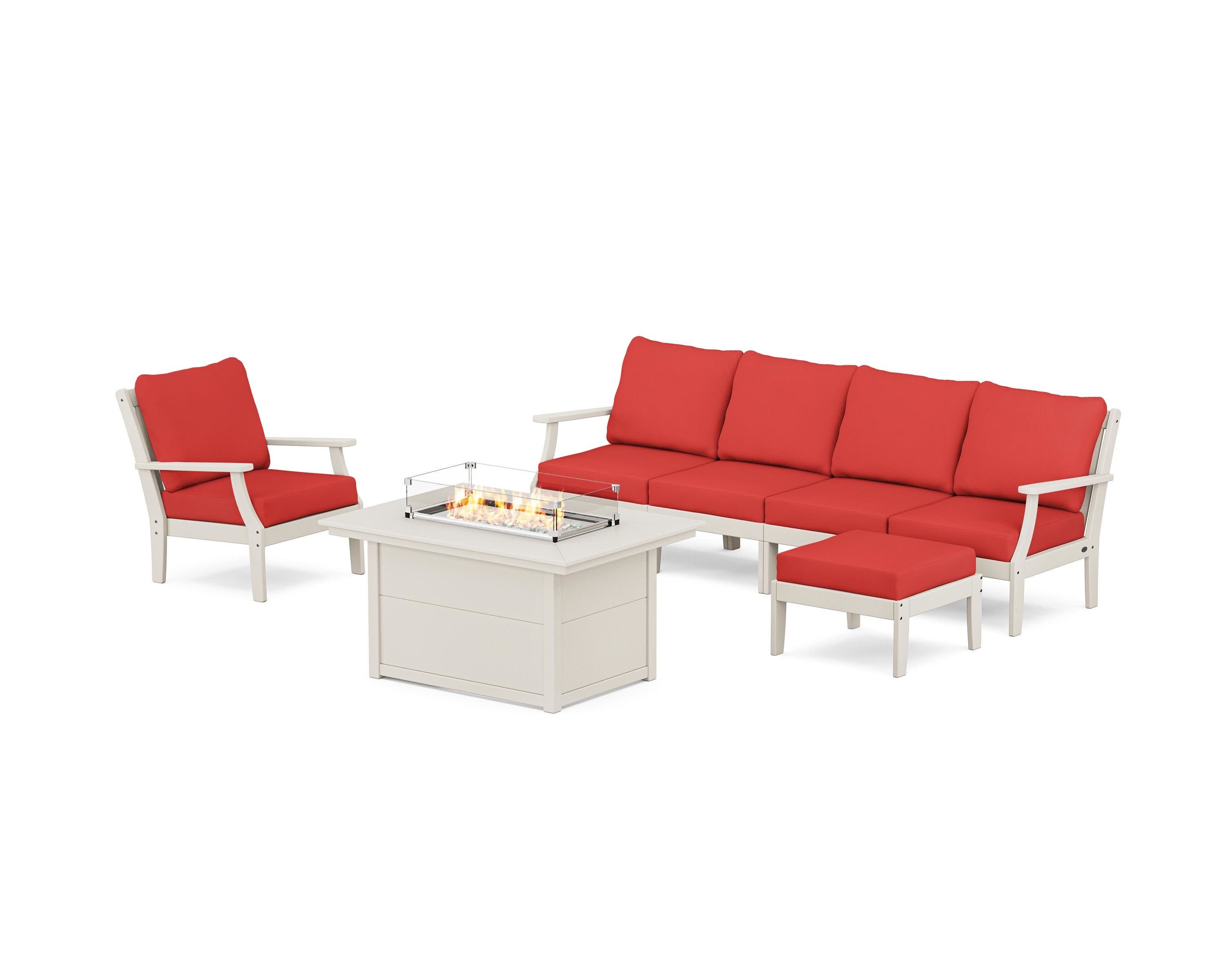 Braxton Sectional Lounge and Fire Pit Set in Sand / Crimson Linen