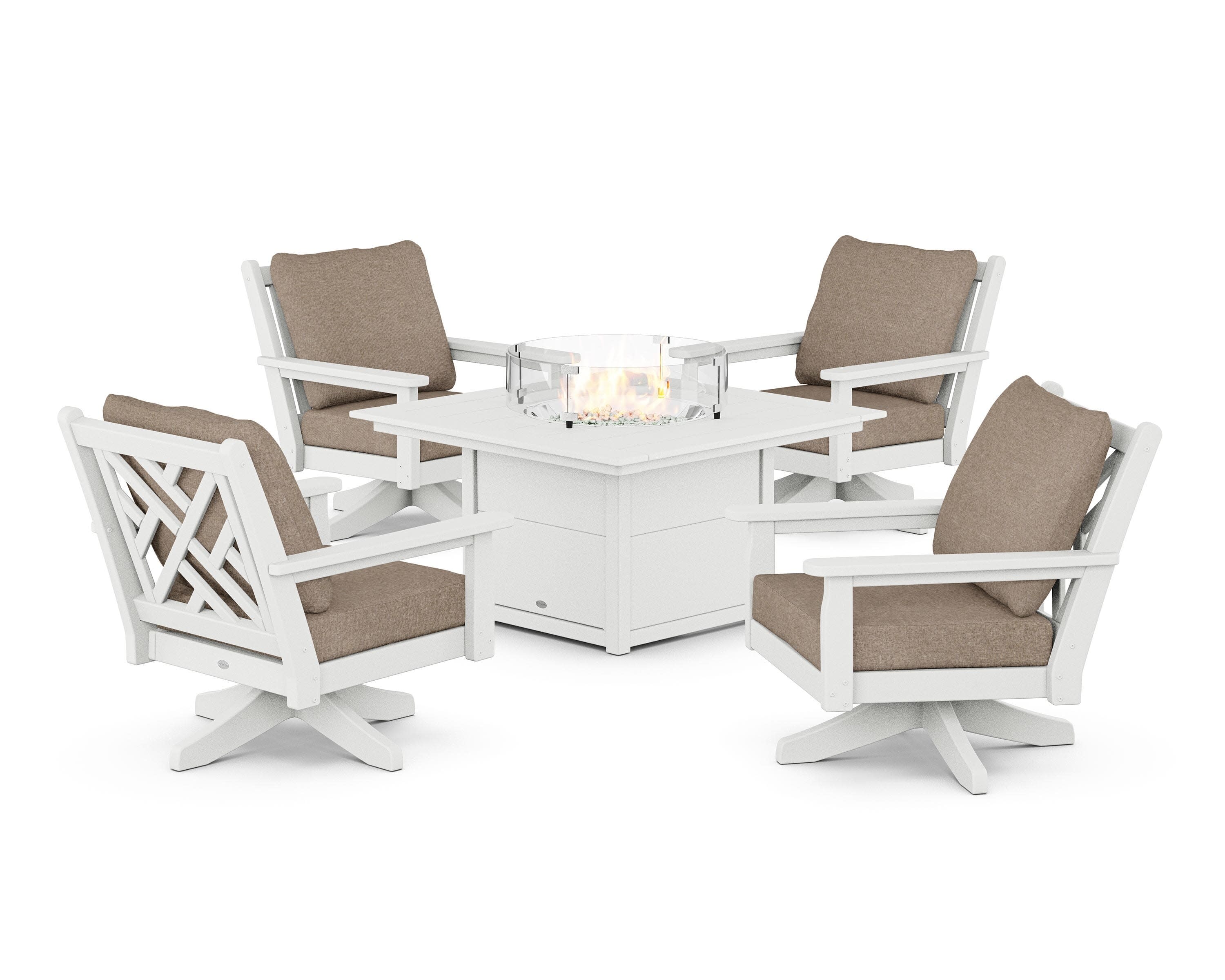 Chippendale 5-Piece Deep Seating Swivel Conversation Set with Fire Pit Table in White / Spiced Burlap