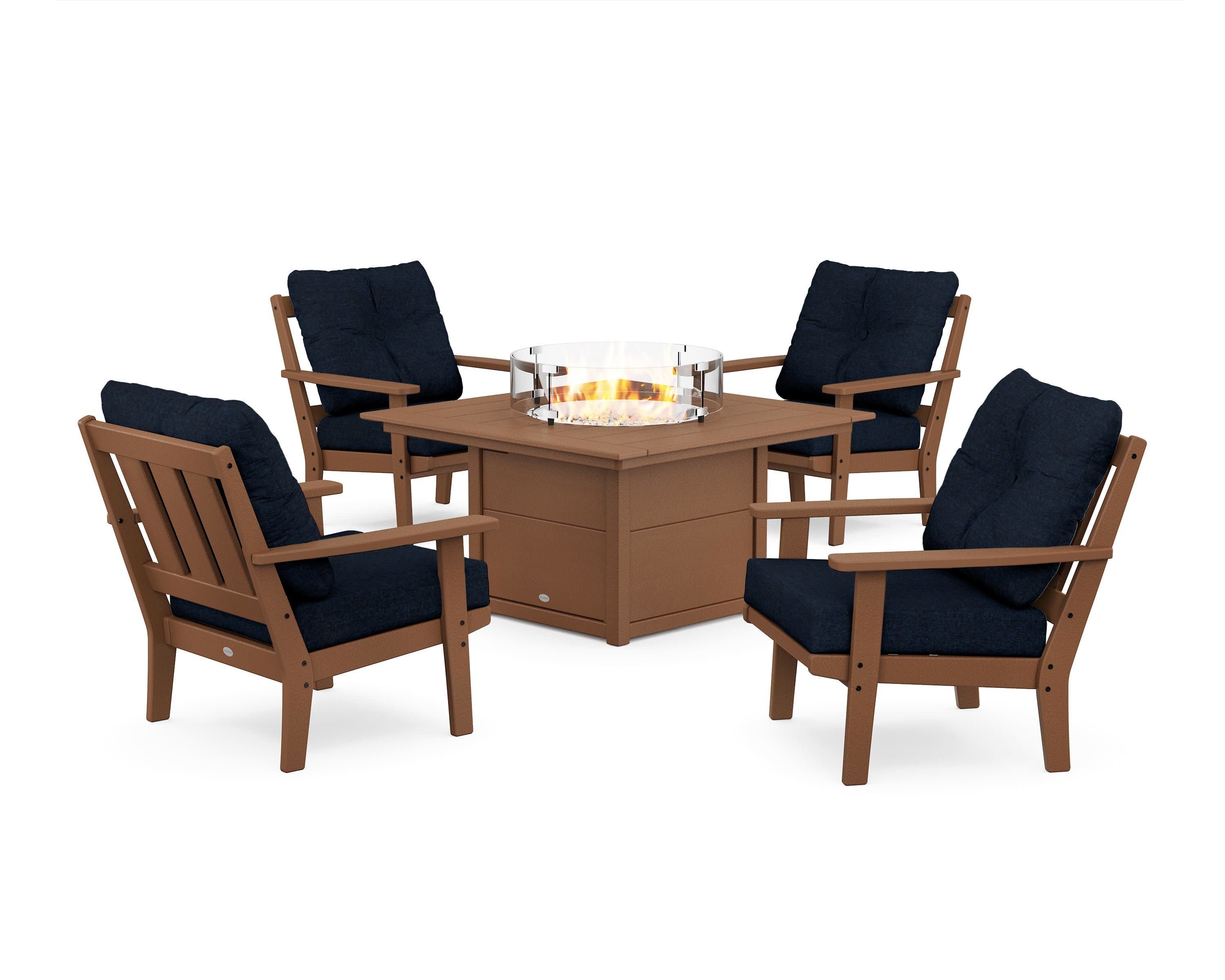 Oxford 5-Piece Deep Seating Set with Fire Pit Table in Teak / Marine Indigo