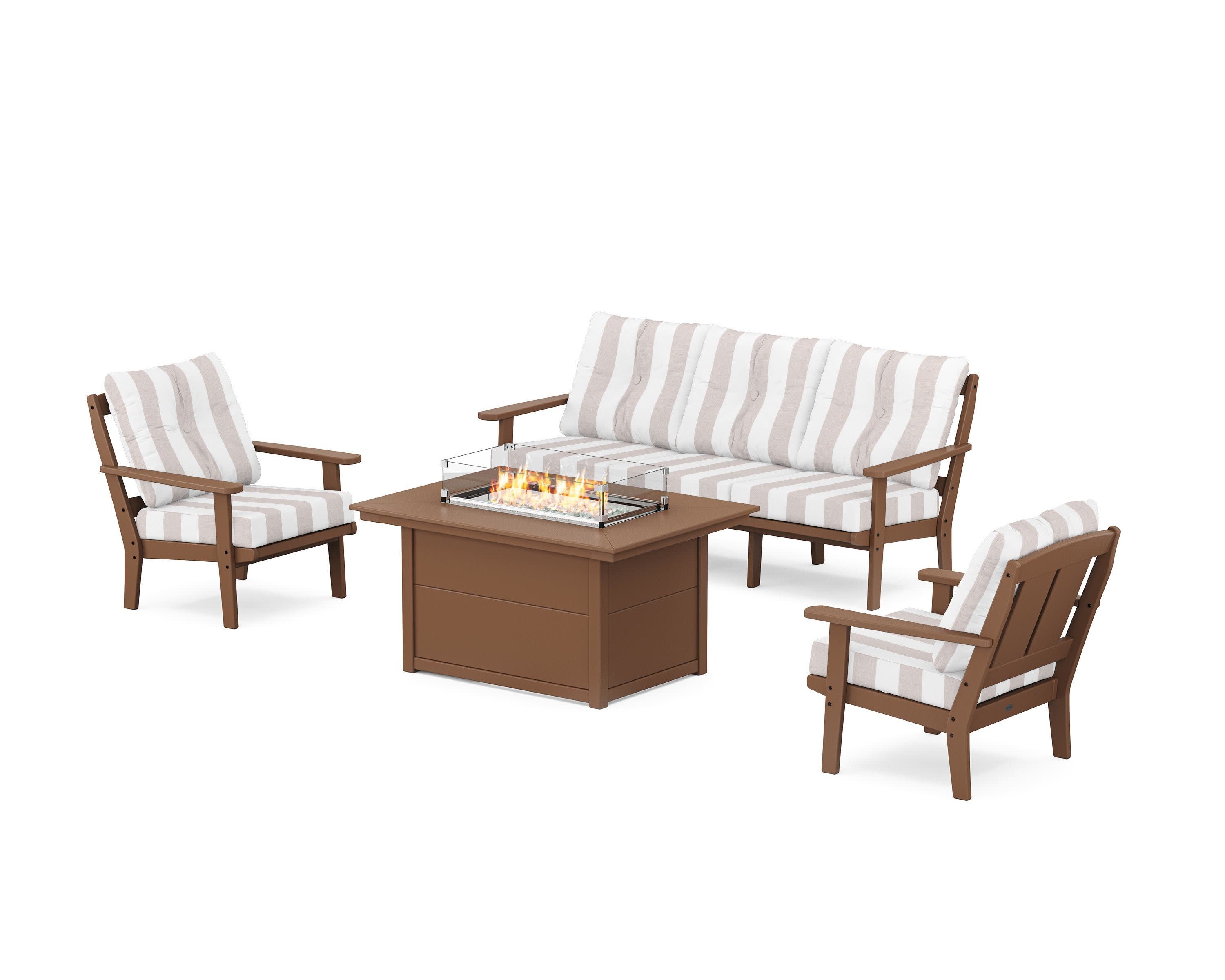 Mission Deep Seating Fire Pit Table Set in Teak / Cabana Stripe Dune Burlap