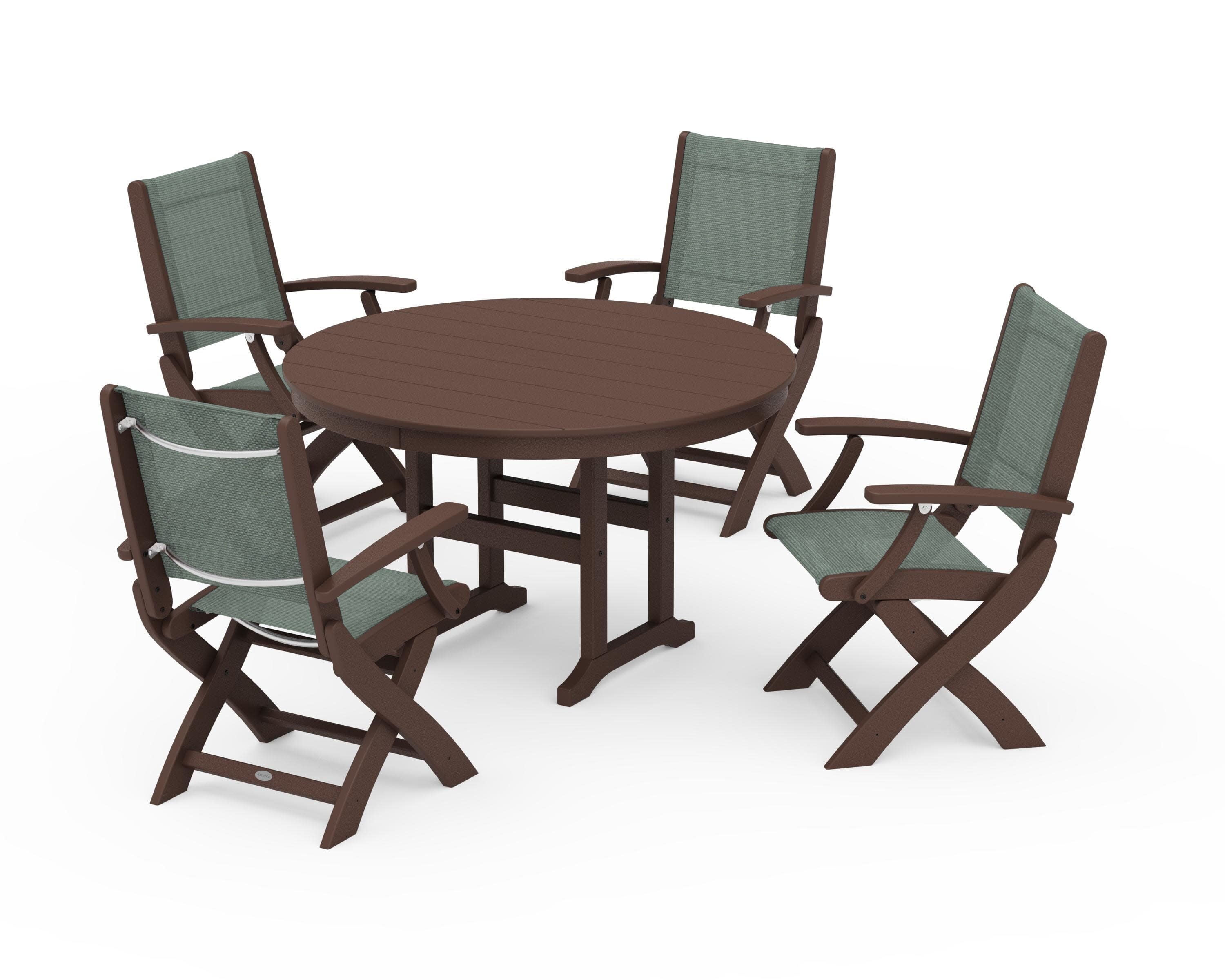 Coastal Folding Chair 5-Piece Round Dining Set in Mahogany / Dupioni Sea Mist Sling