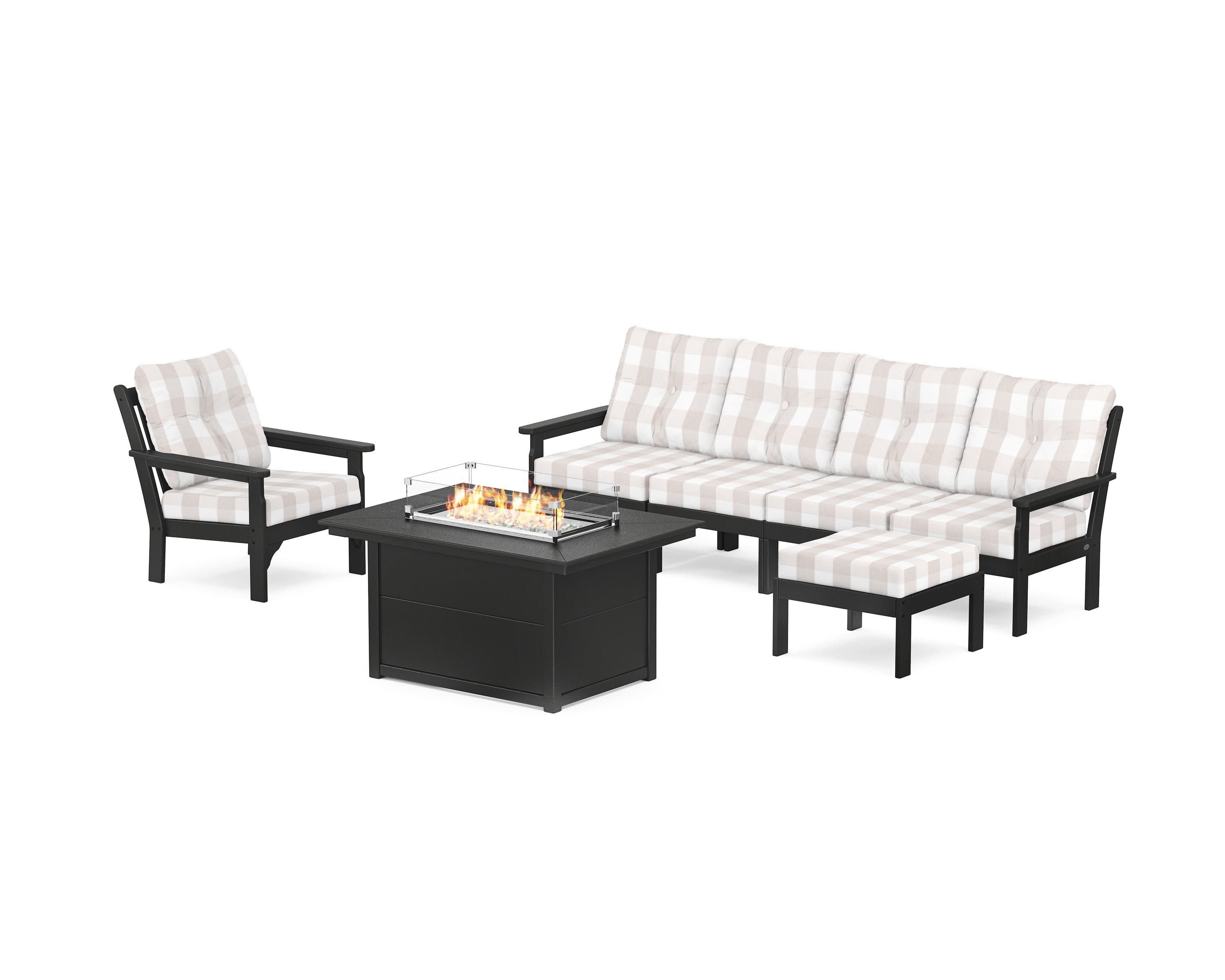 Vineyard Sectional Lounge and Fire Pit Set in Black / Buffalo Plaid Dune Burlap
