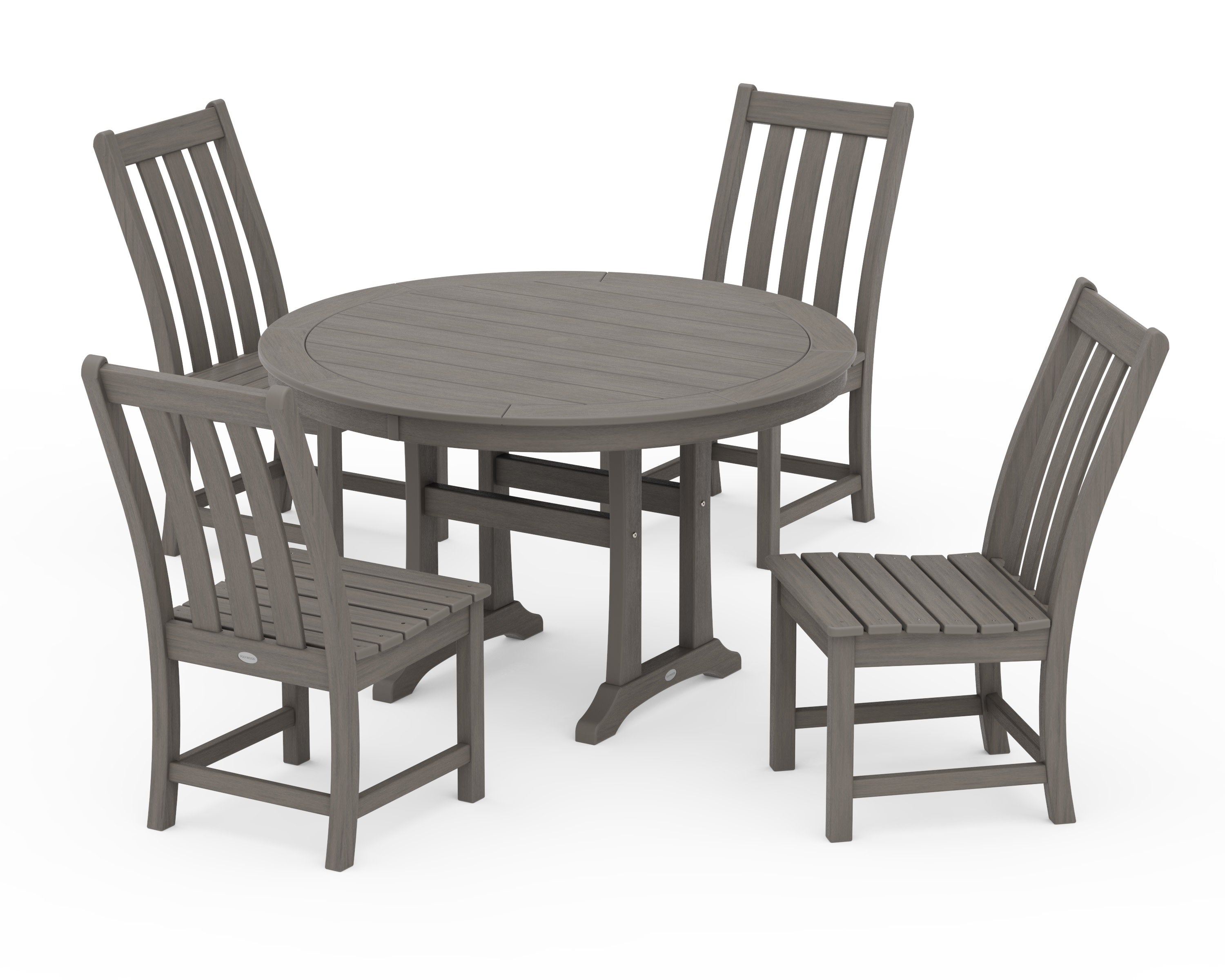 Vineyard Side Chair 5-Piece Round Dining Set With Trestle Legs in Driftwood