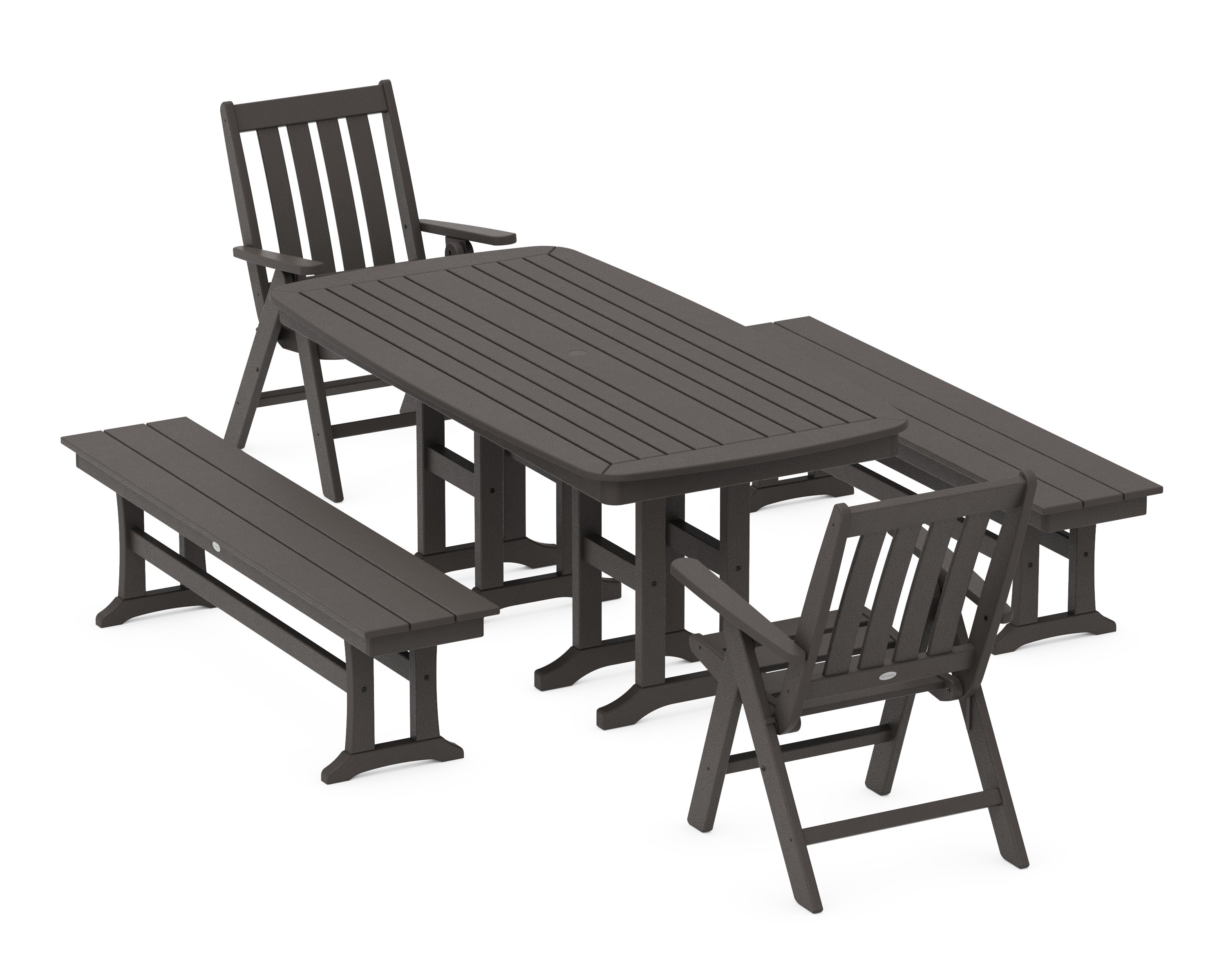 Vineyard Folding Chair 6-Piece Dining Set with Benches in Vintage Coffee