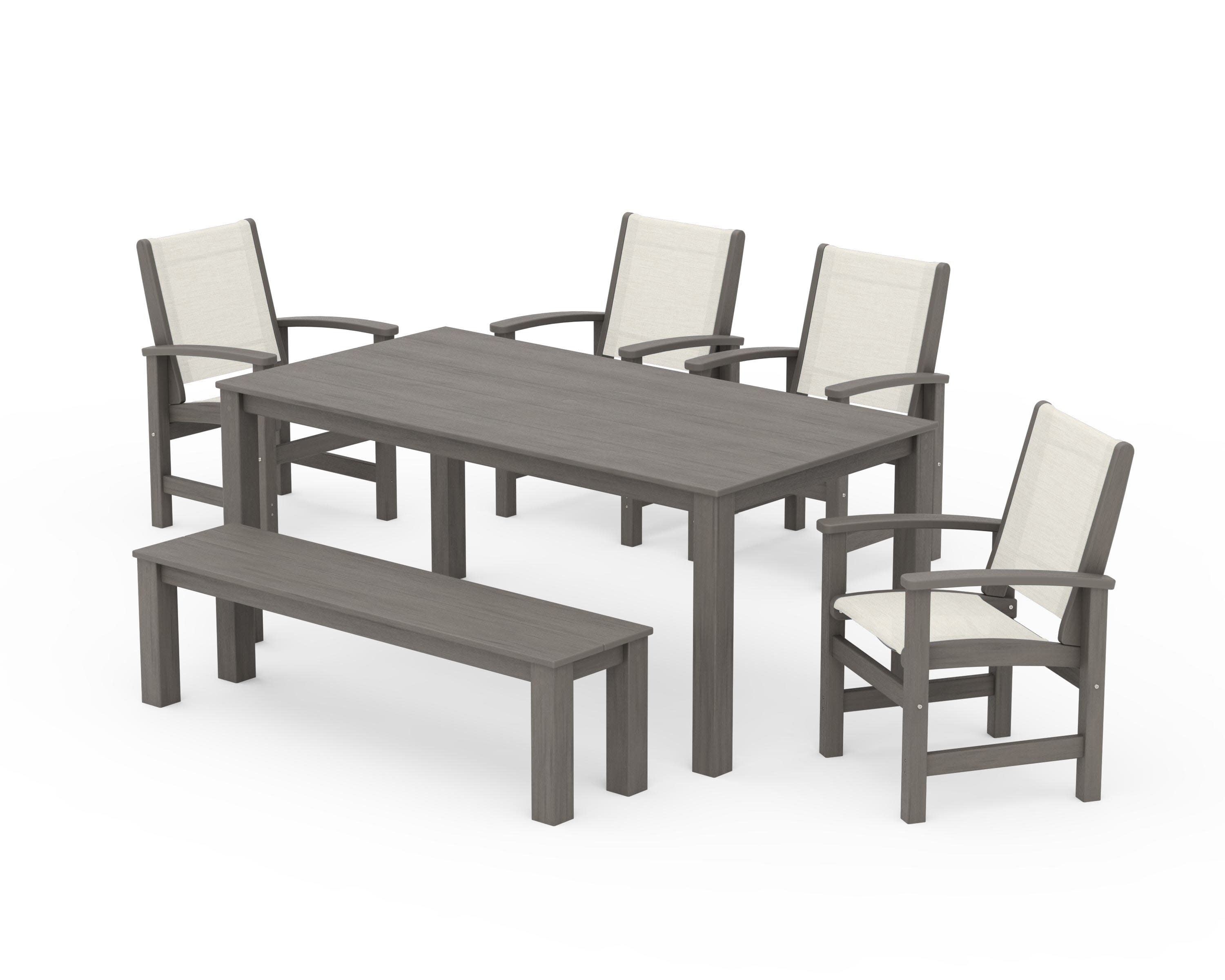 Coastal 6-Piece Parsons Dining Set with Bench in Driftwood / Parchment Sling
