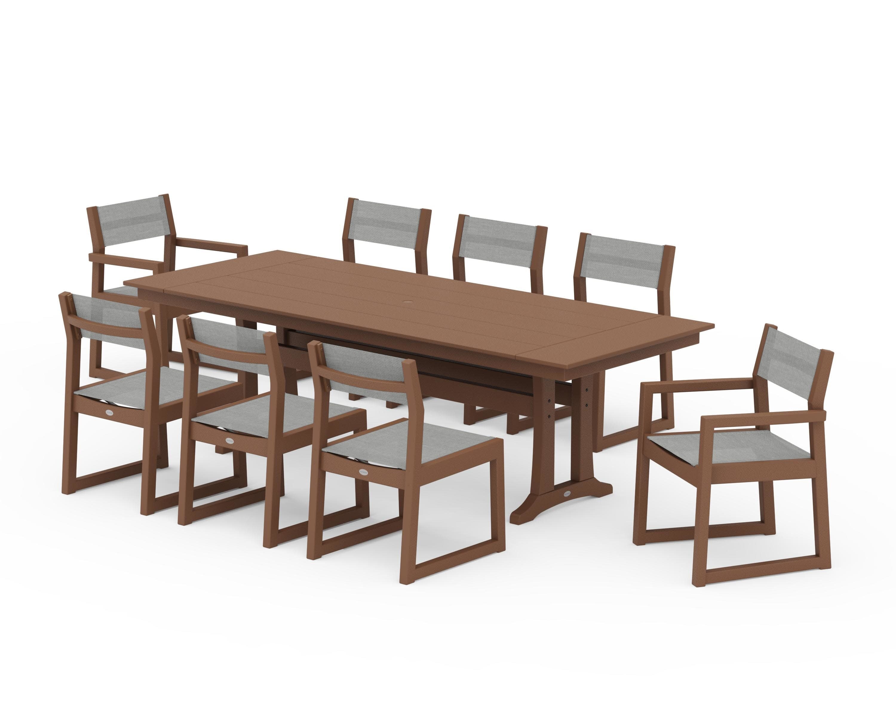 EDGE Sling 9-Piece Farmhouse Trestle Dining Set in Teak / Metallic Sling