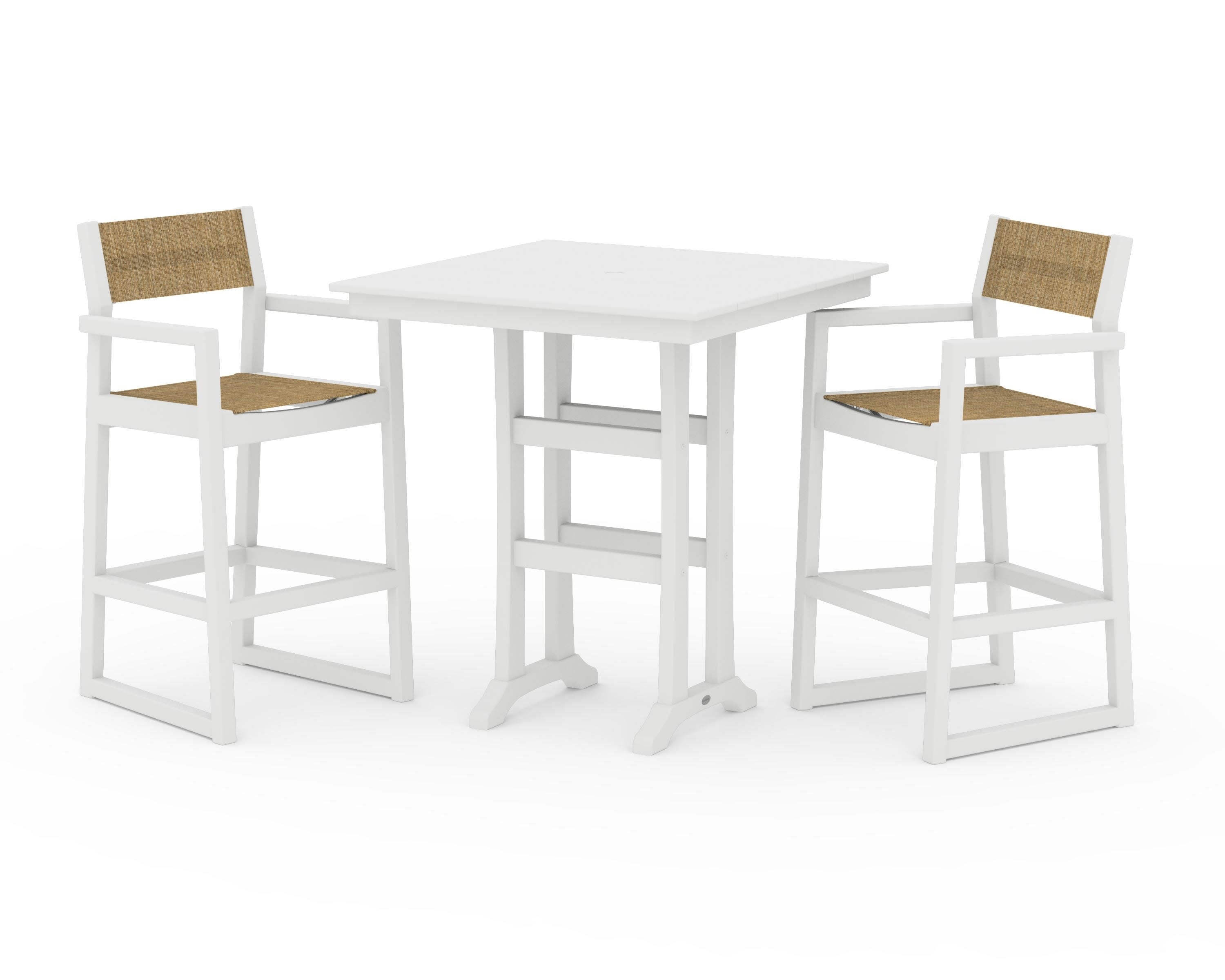 EDGE Sling Arm Chair 3-Piece Farmhouse Bar Set with Trestle Legs in White / Burlap Sling
