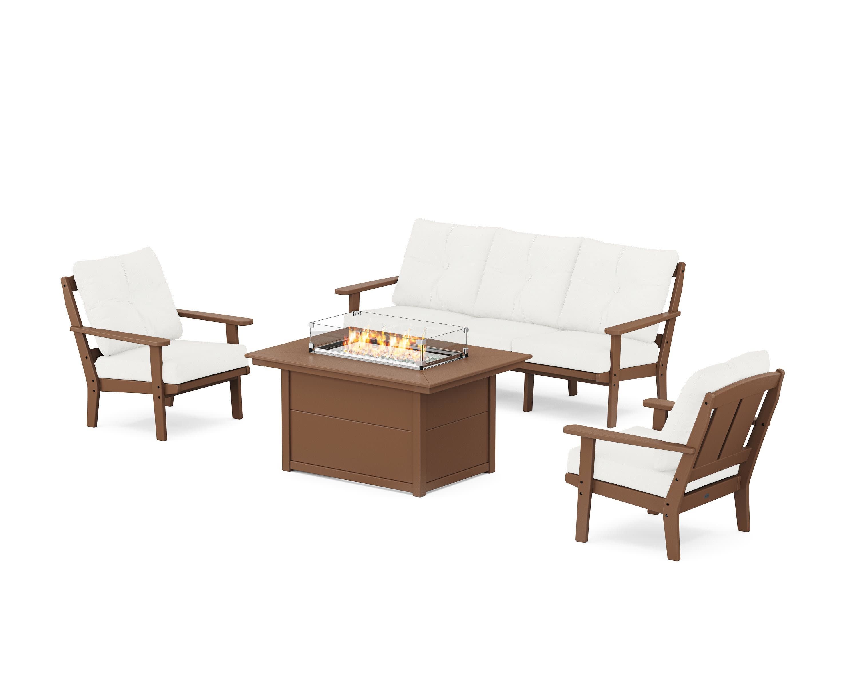 Mission Deep Seating Fire Pit Table Set in Teak / Natural Linen