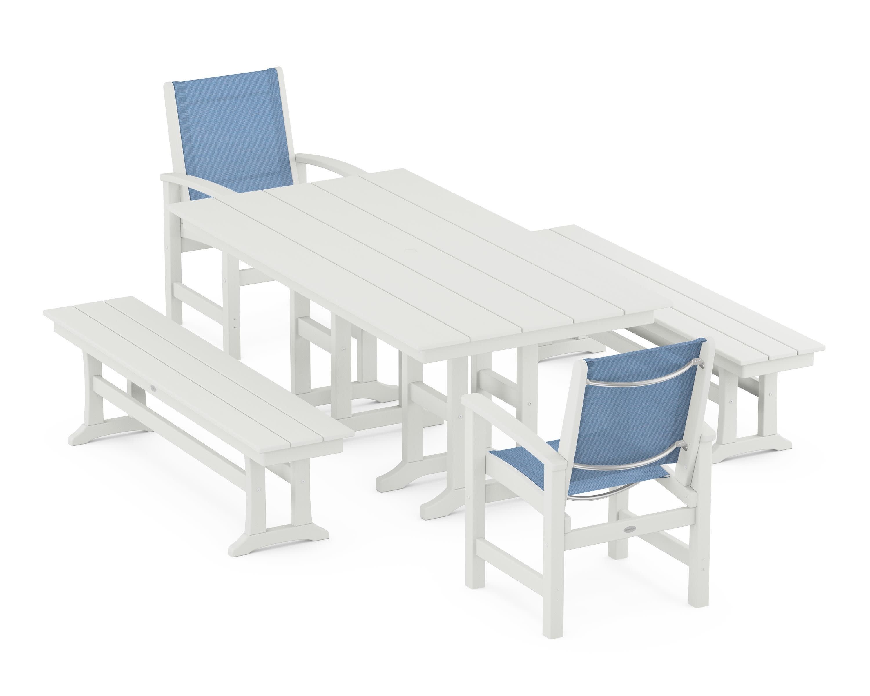 Coastal 5-Piece Farmhouse Dining Set in Vintage White / Poolside Sling
