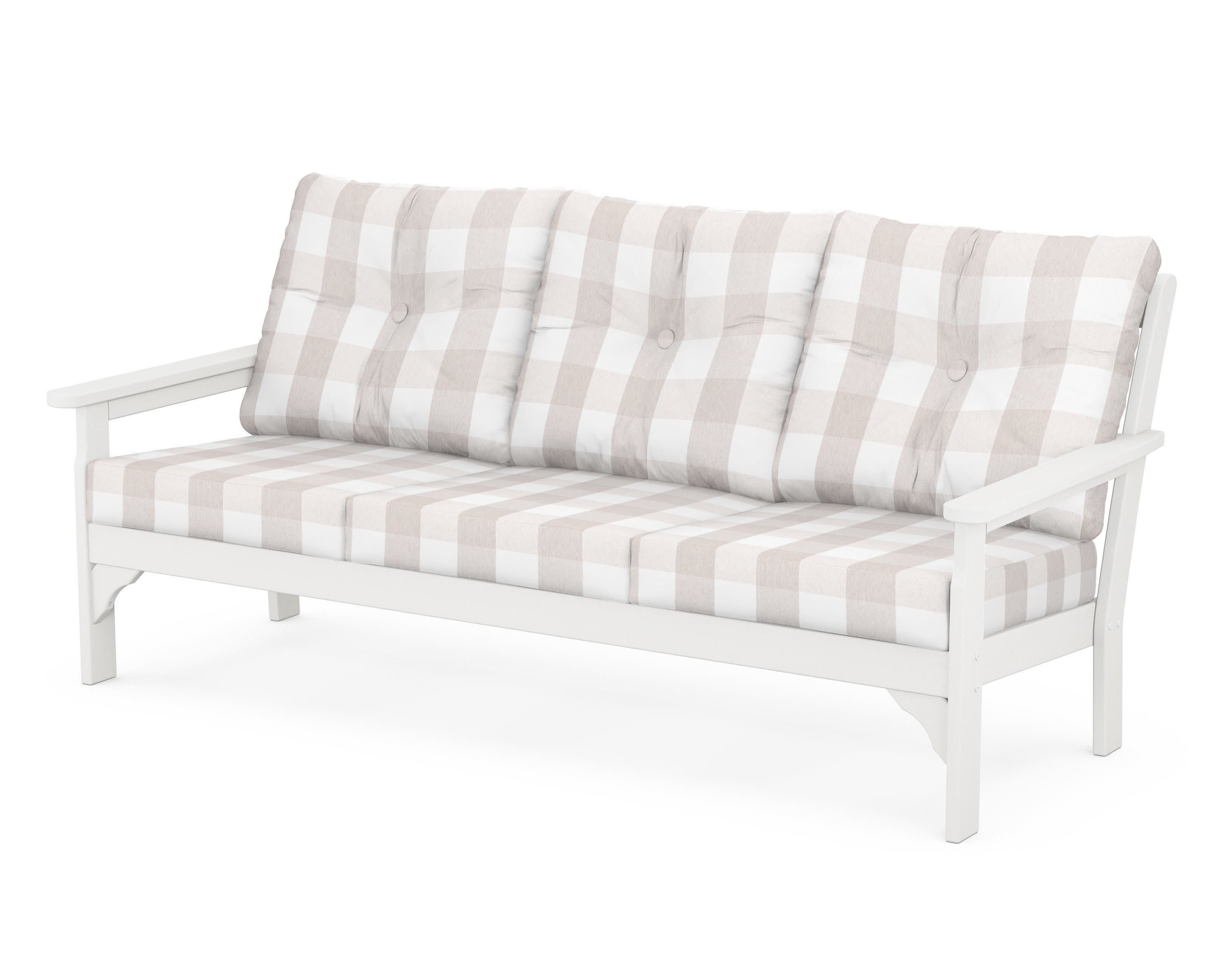 Vineyard Deep Seating Sofa in Vintage White / Buffalo Plaid Dune Burlap