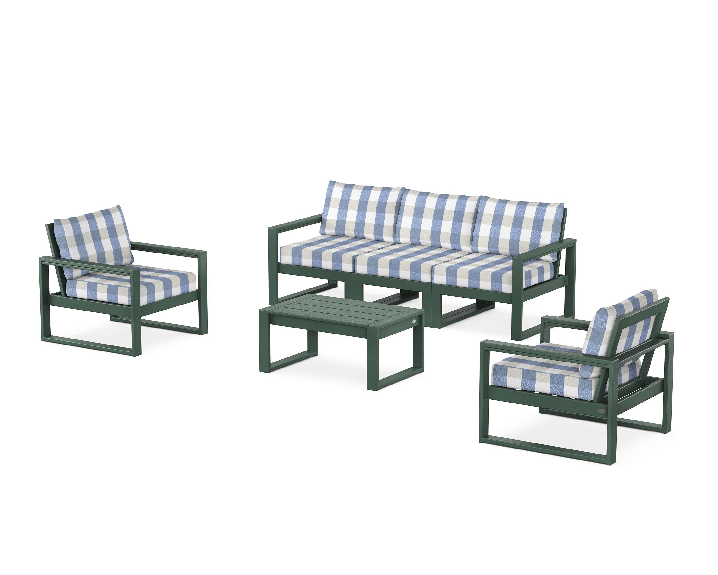 EDGE Sectional 4-Piece Deep Seating Set with Sofa in Green / Buffalo Plaid Sky Blue