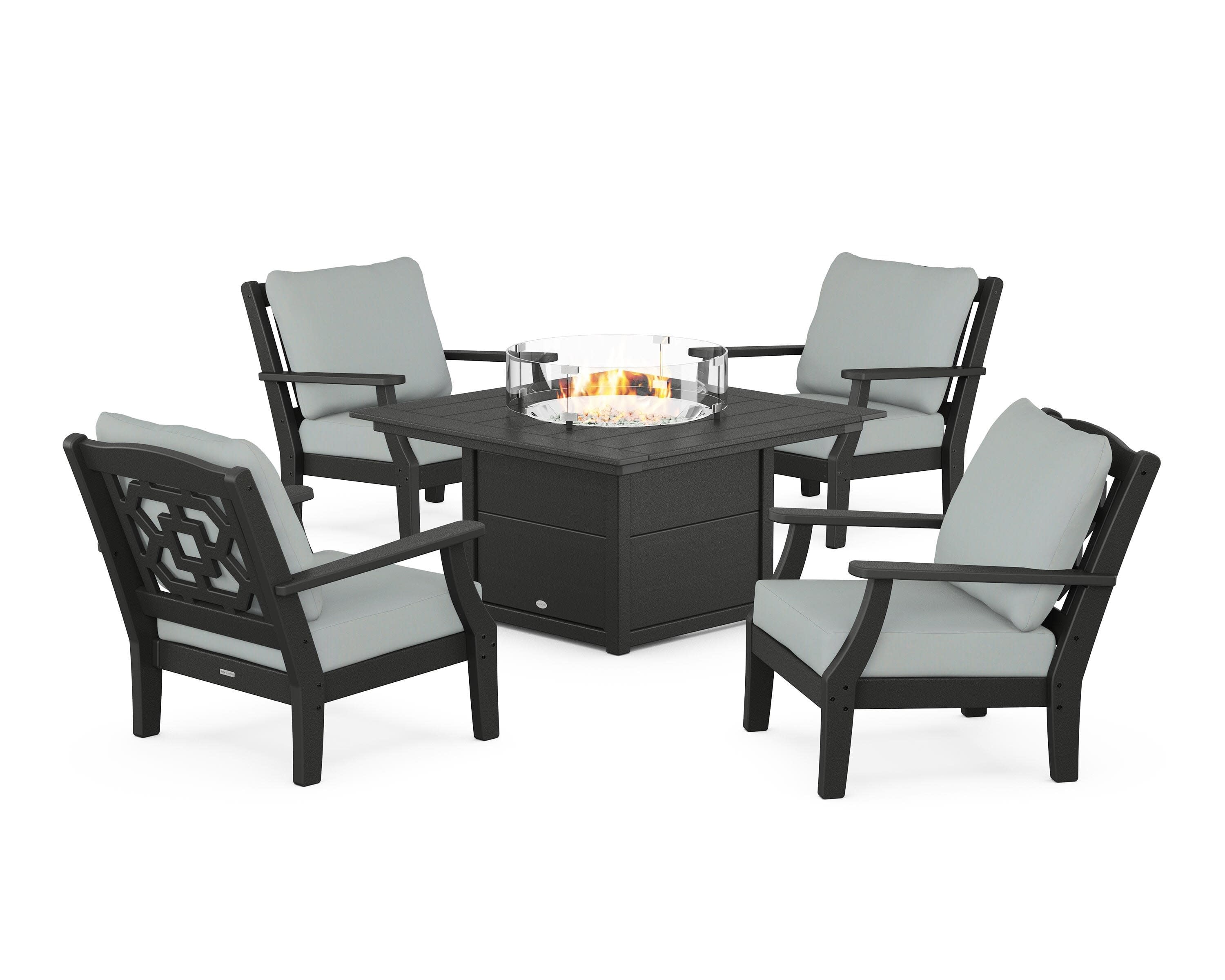 Chinoiserie 5-Piece Deep Seating Set with Fire Pit Table in Black / Spa
