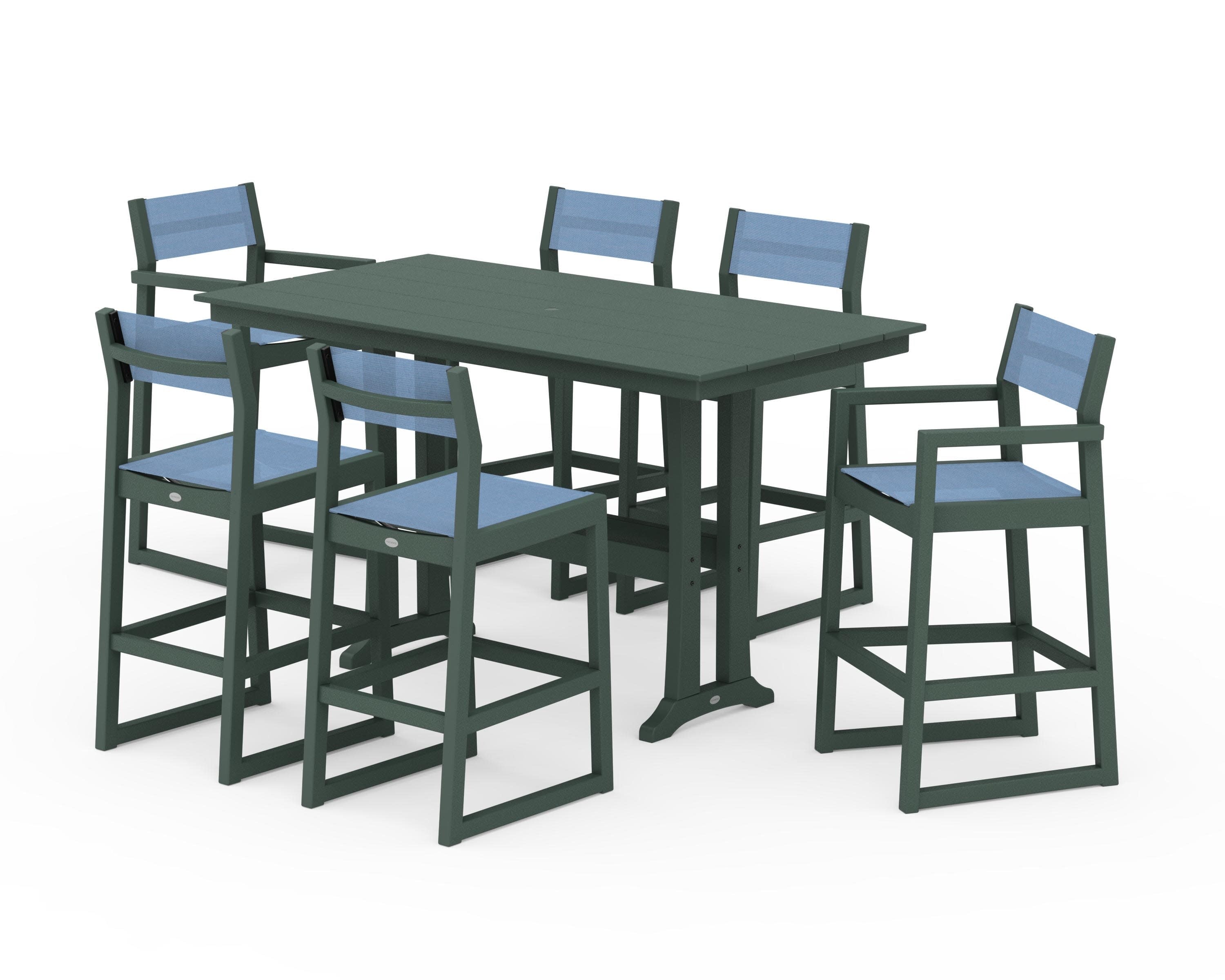 EDGE Sling 7-Piece Farmhouse Bar Set with Trestle Legs in Green / Poolside Sling