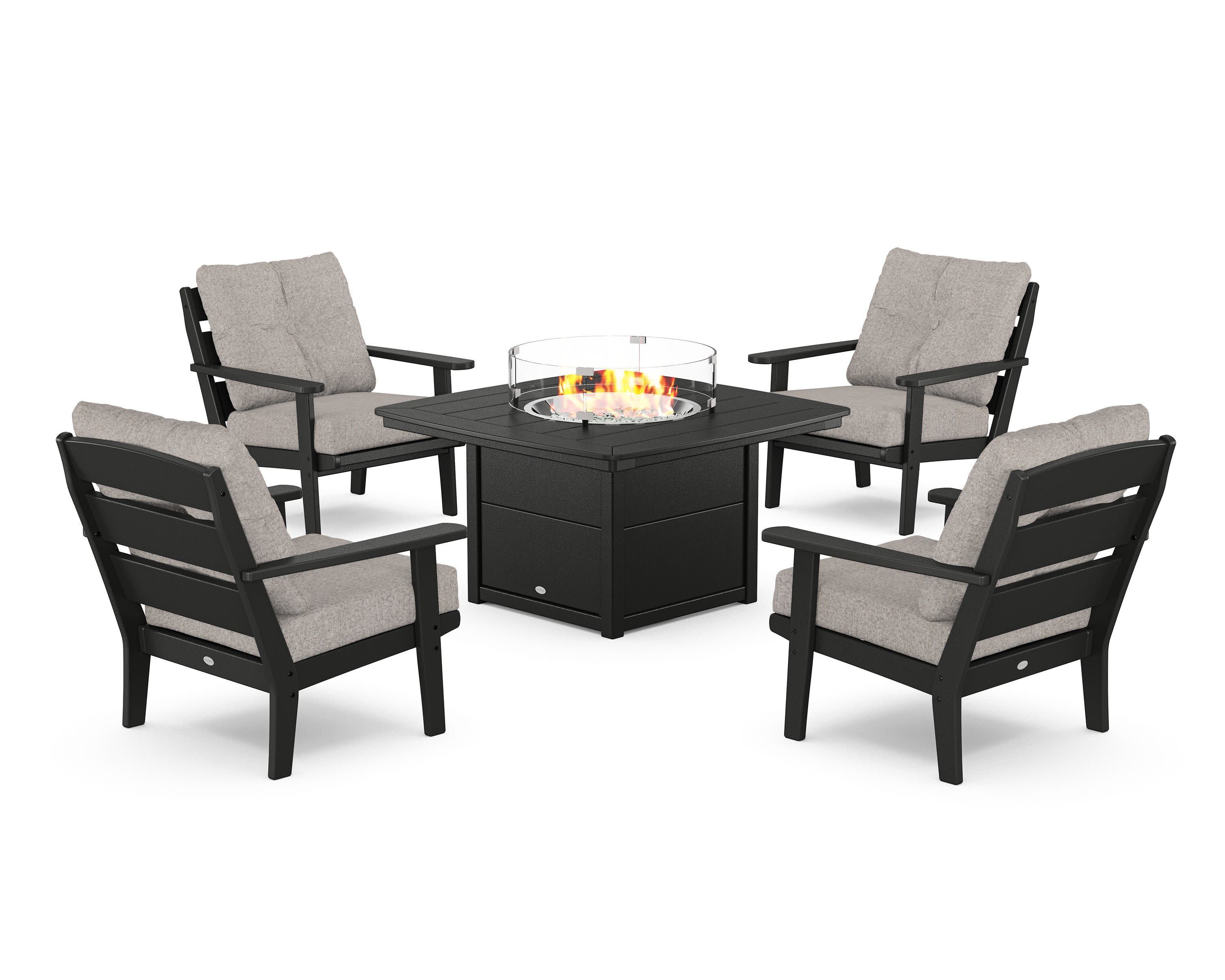 Lakeside 5-Piece Deep Seating Set with Nautical Fire Pit Table in Black / Weathered Tweed