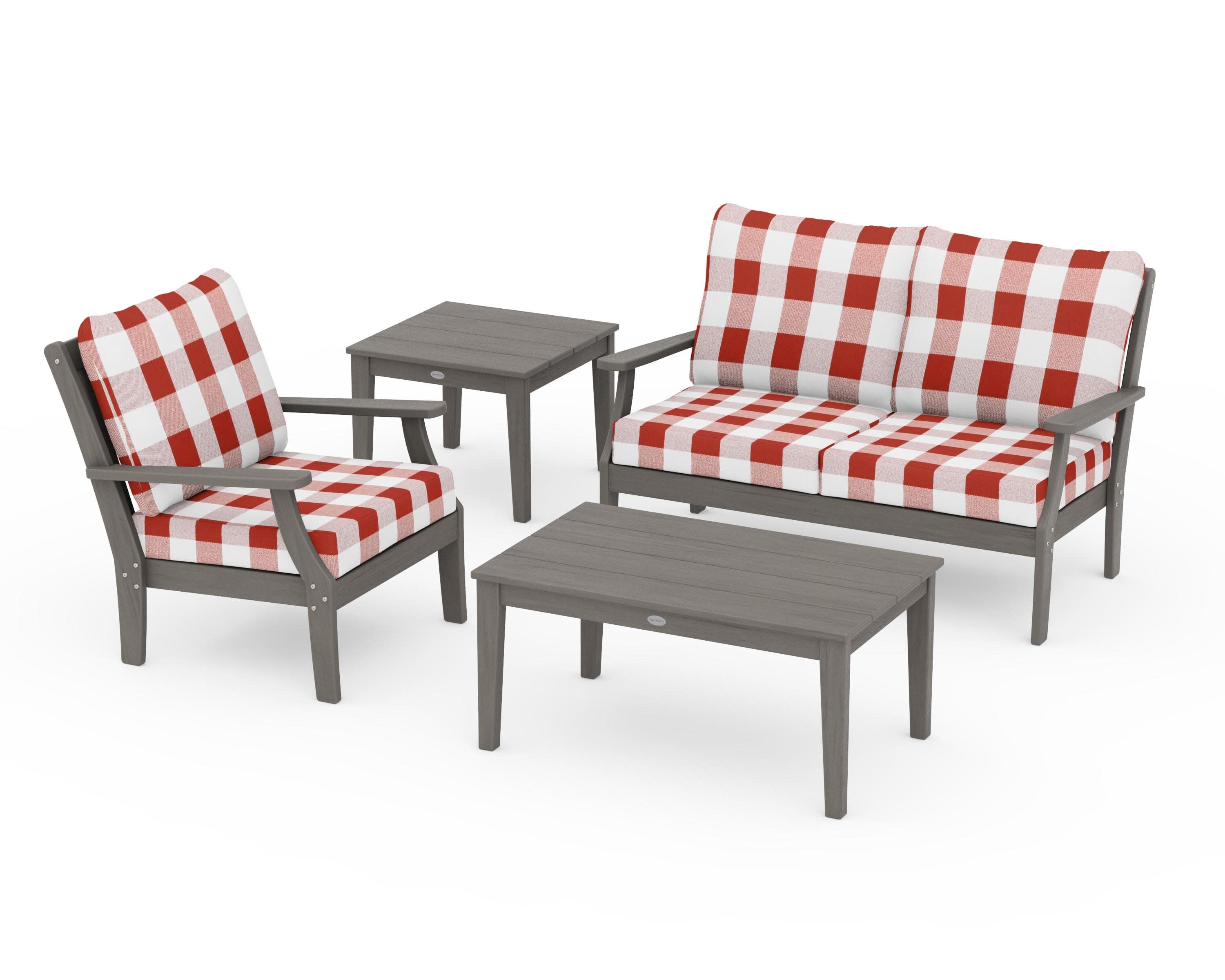 Braxton 4-Piece Deep Seating Set in Driftwood / Buffalo Plaid Crimson