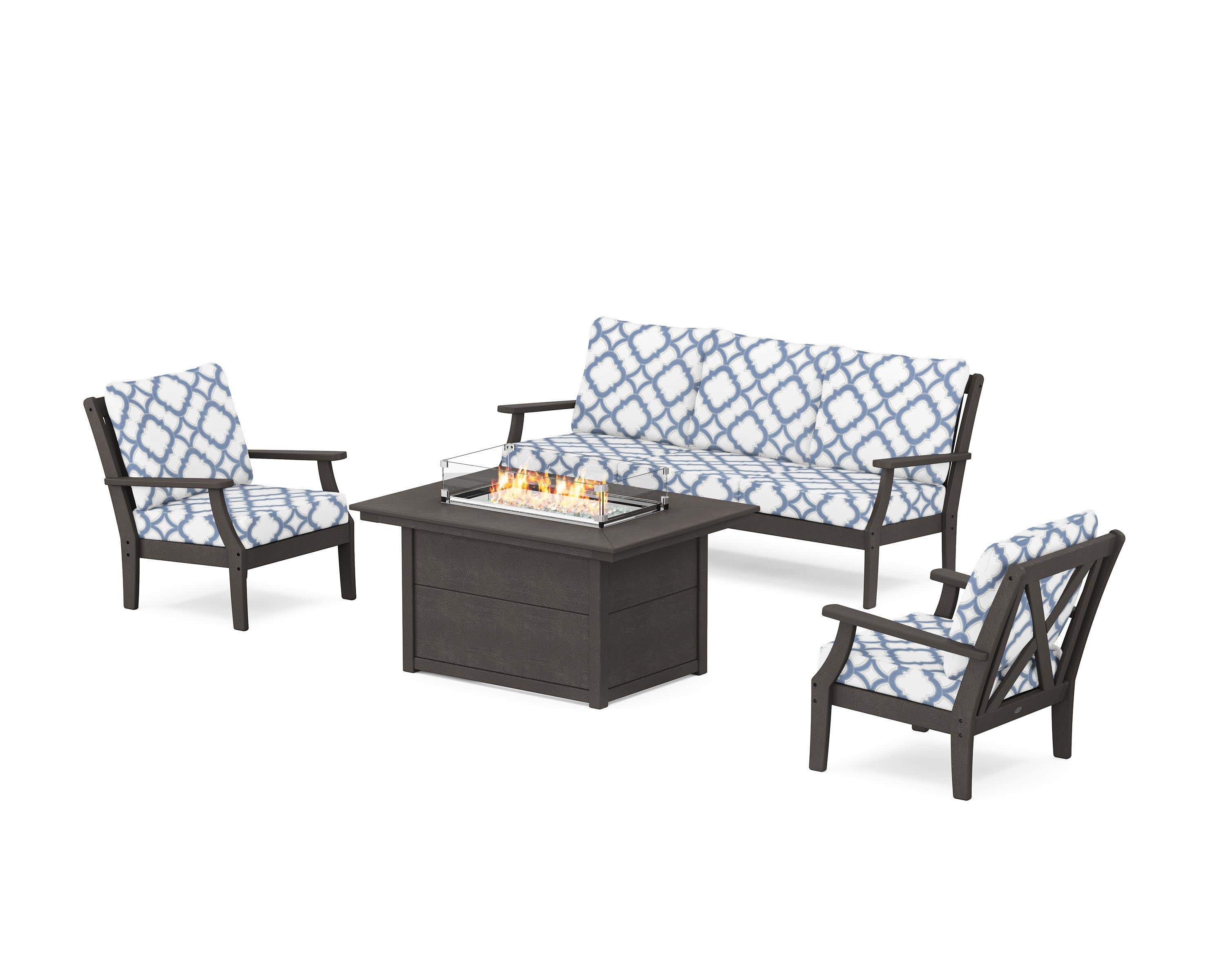Braxton Deep Seating Fire Pit Table Set in Vintage Coffee / Trellis Sky Blue