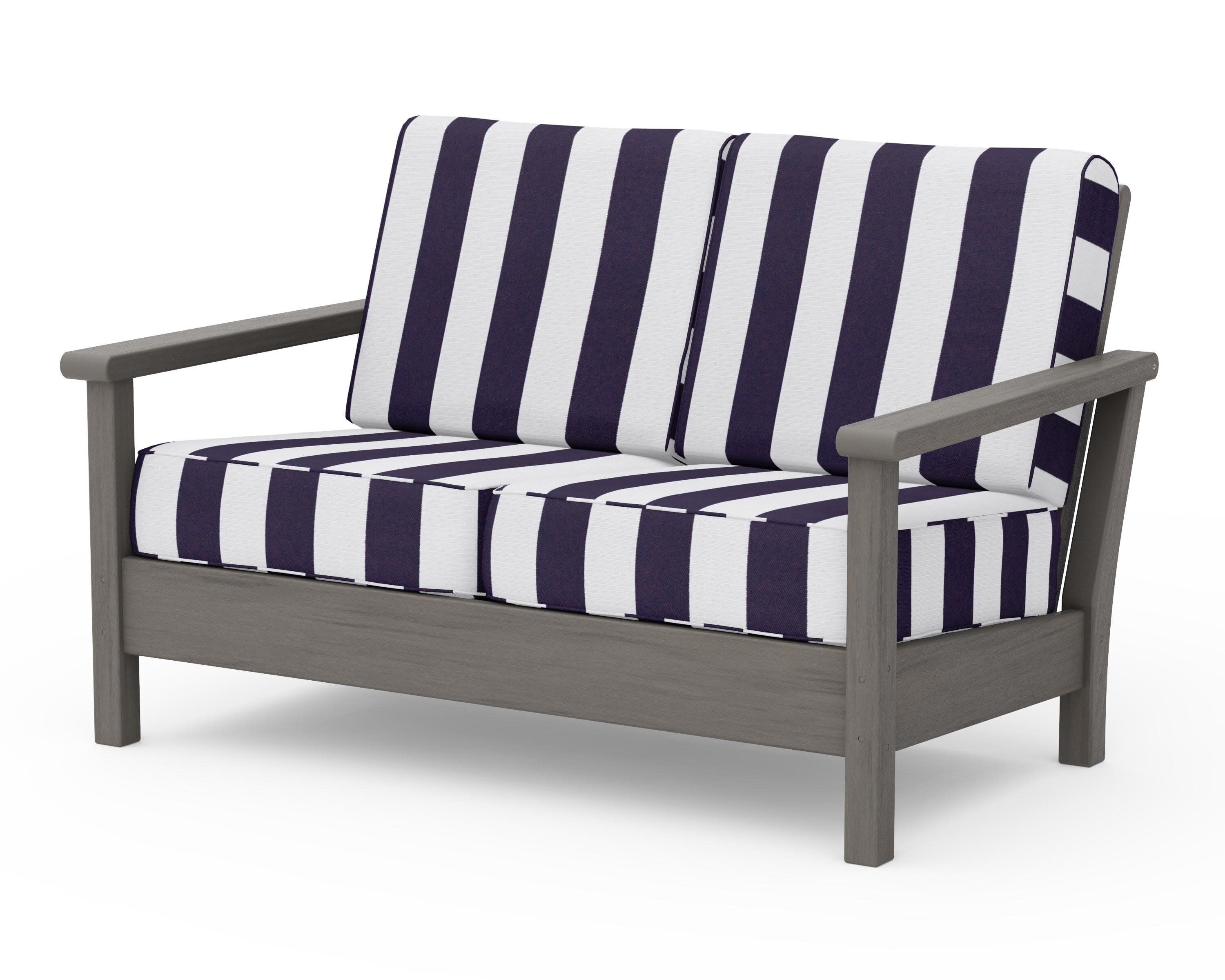 Harbour Deep Seating Loveseat in Driftwood / Cabana Stripe Navy