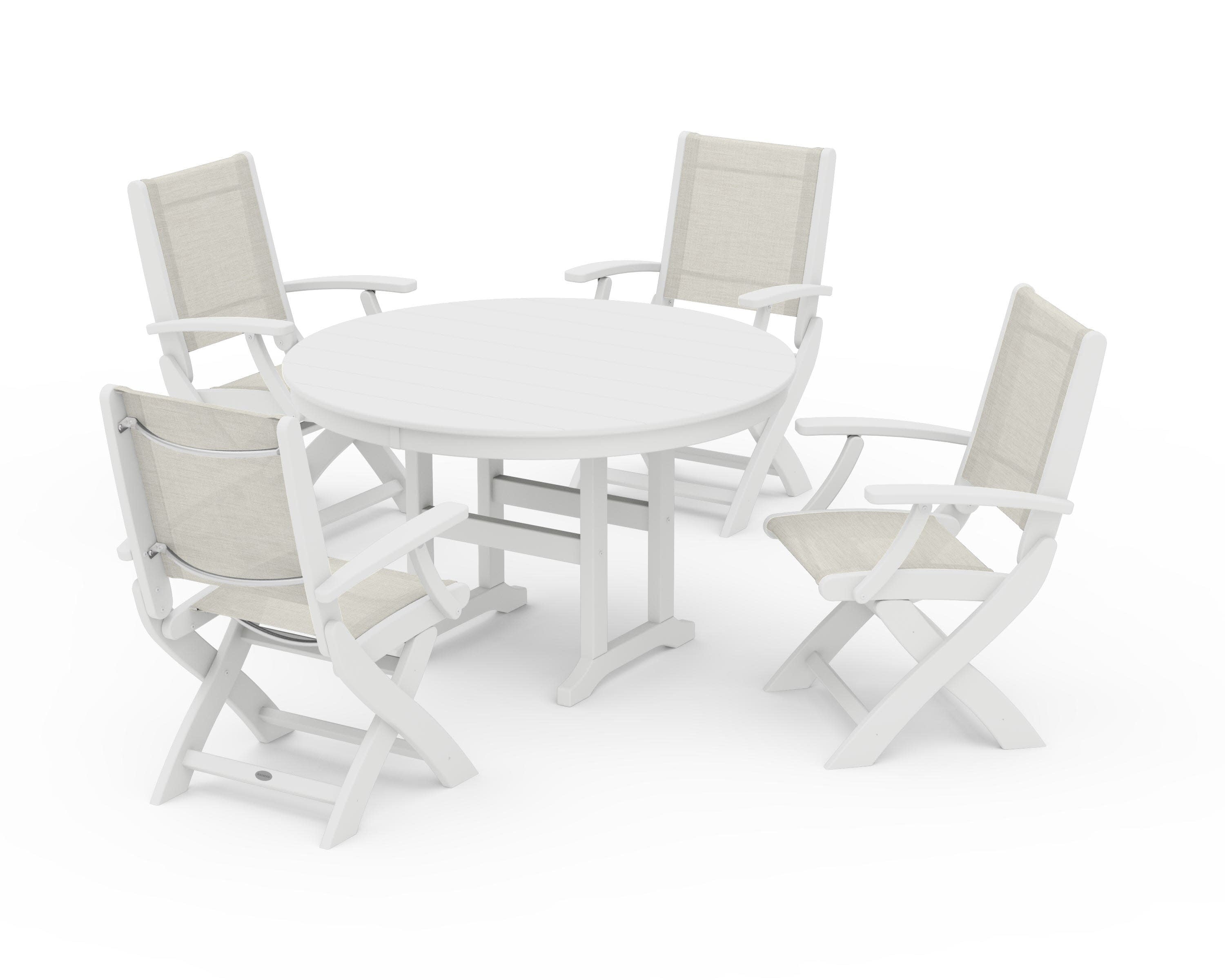 Coastal Folding Chair 5-Piece Round Dining Set in White / Parchment Sling