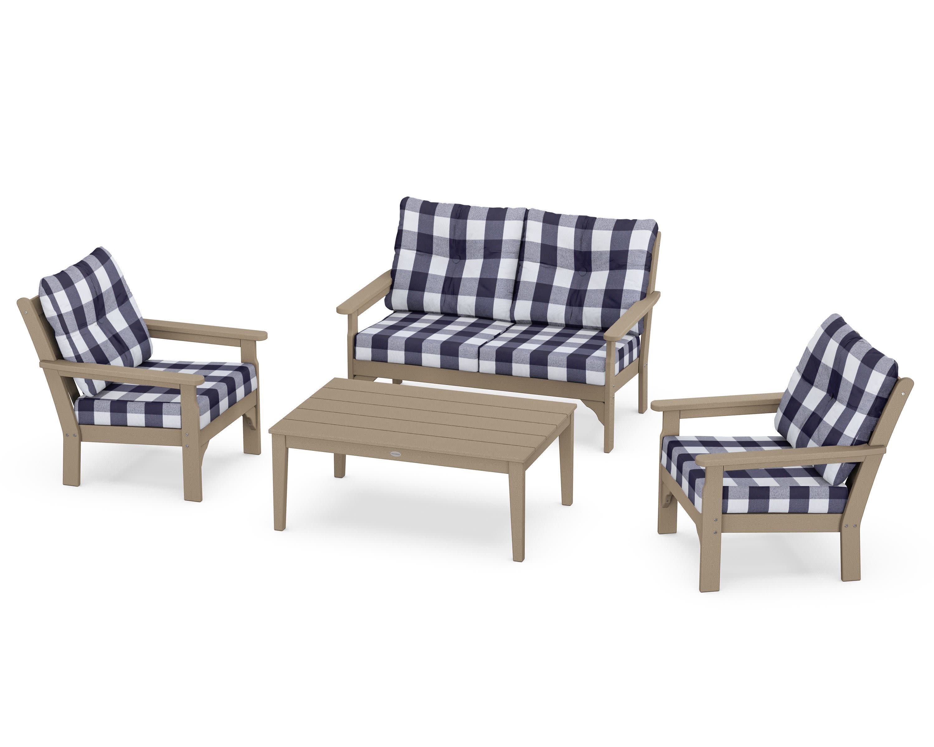 Vineyard 4-Piece Deep Seating Set in Vintage Sahara / Buffalo Plaid Navy
