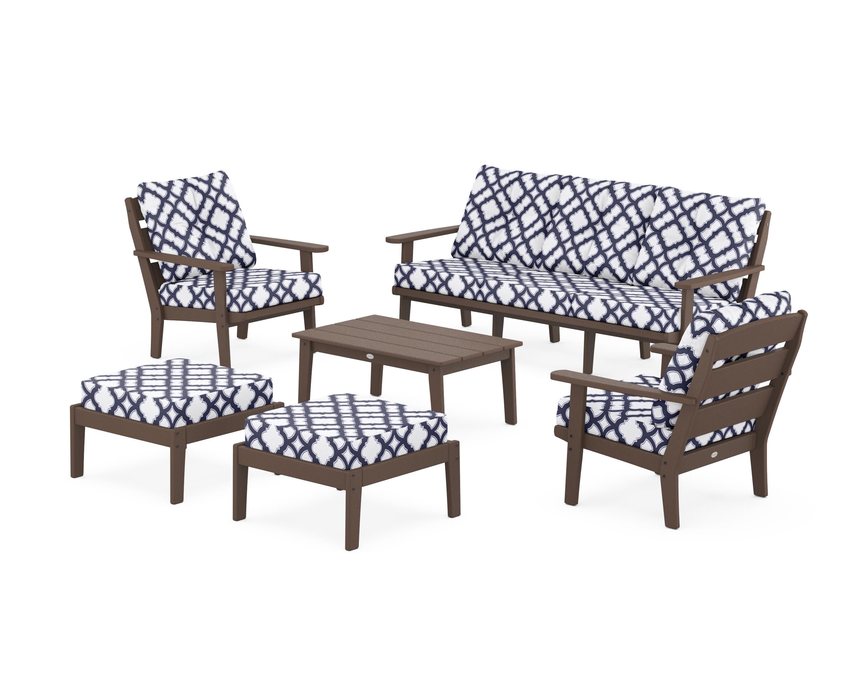 Lakeside 6-Piece Lounge Sofa Set in Mahogany / Trellis Navy