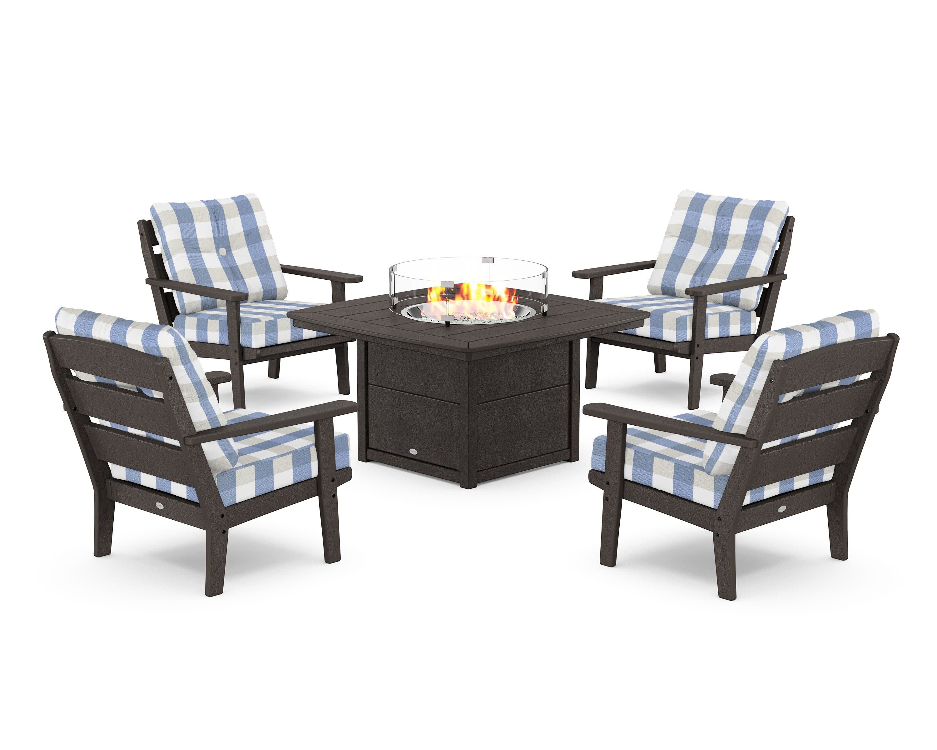 Lakeside 5-Piece Deep Seating Set with Nautical Fire Pit Table in Vintage Coffee / Buffalo Plaid Sky Blue