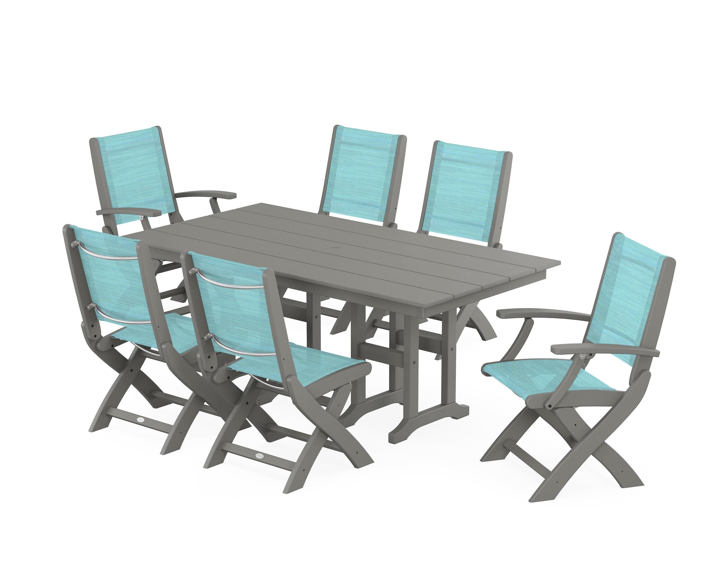 Coastal Folding Chair 7-Piece Farmhouse Dining Set in Slate Grey / Dupioni Aquamarine Sling