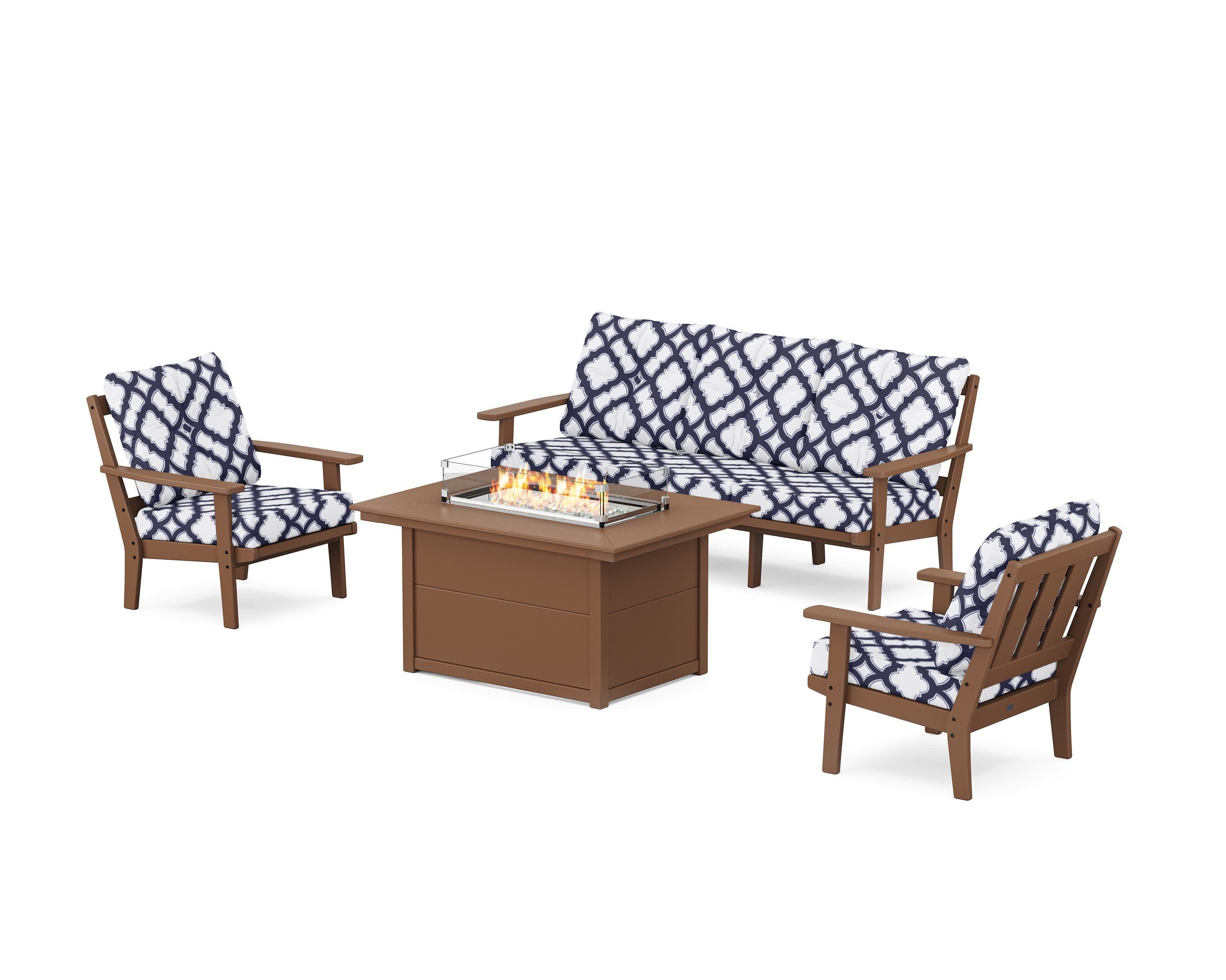 Oxford Deep Seating Fire Pit Table Set in Teak / Trellis Navy